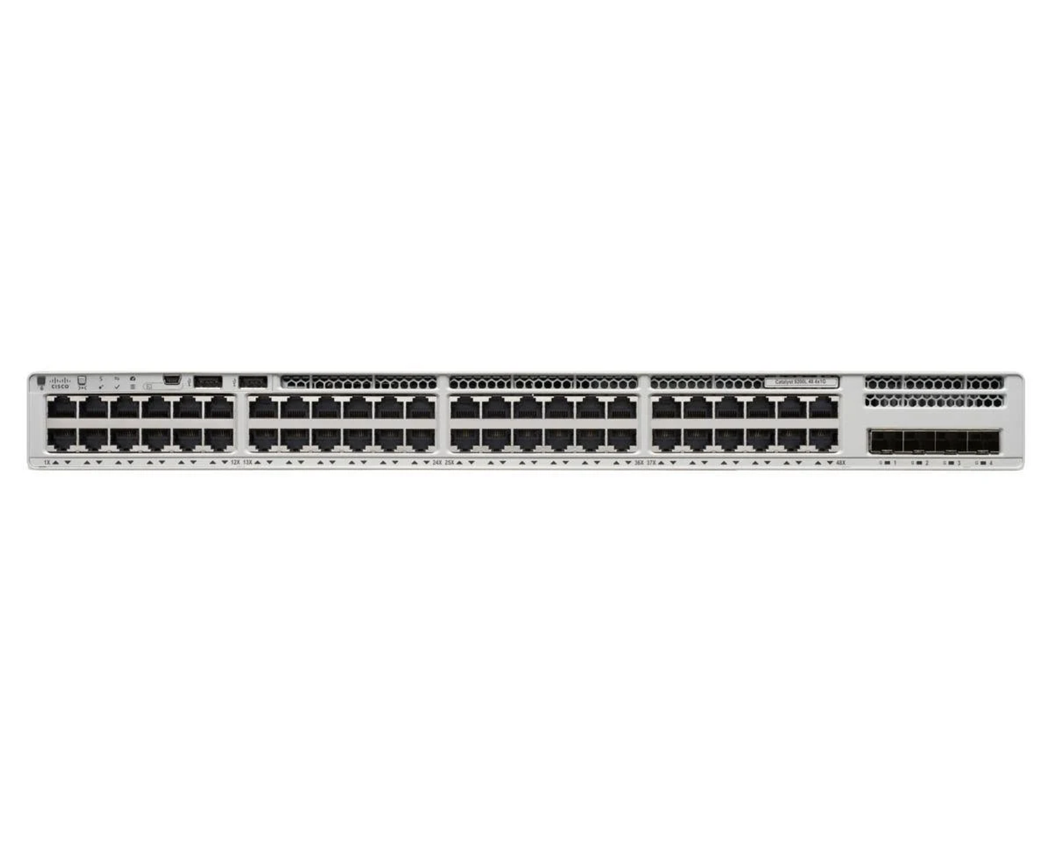 Uno switch di rete bianco con numerose porte, progettato per il trasferimento dati, posizionato orizzontalmente.