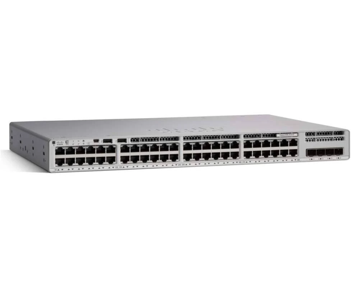 Uno switch di rete grigio con più porte.