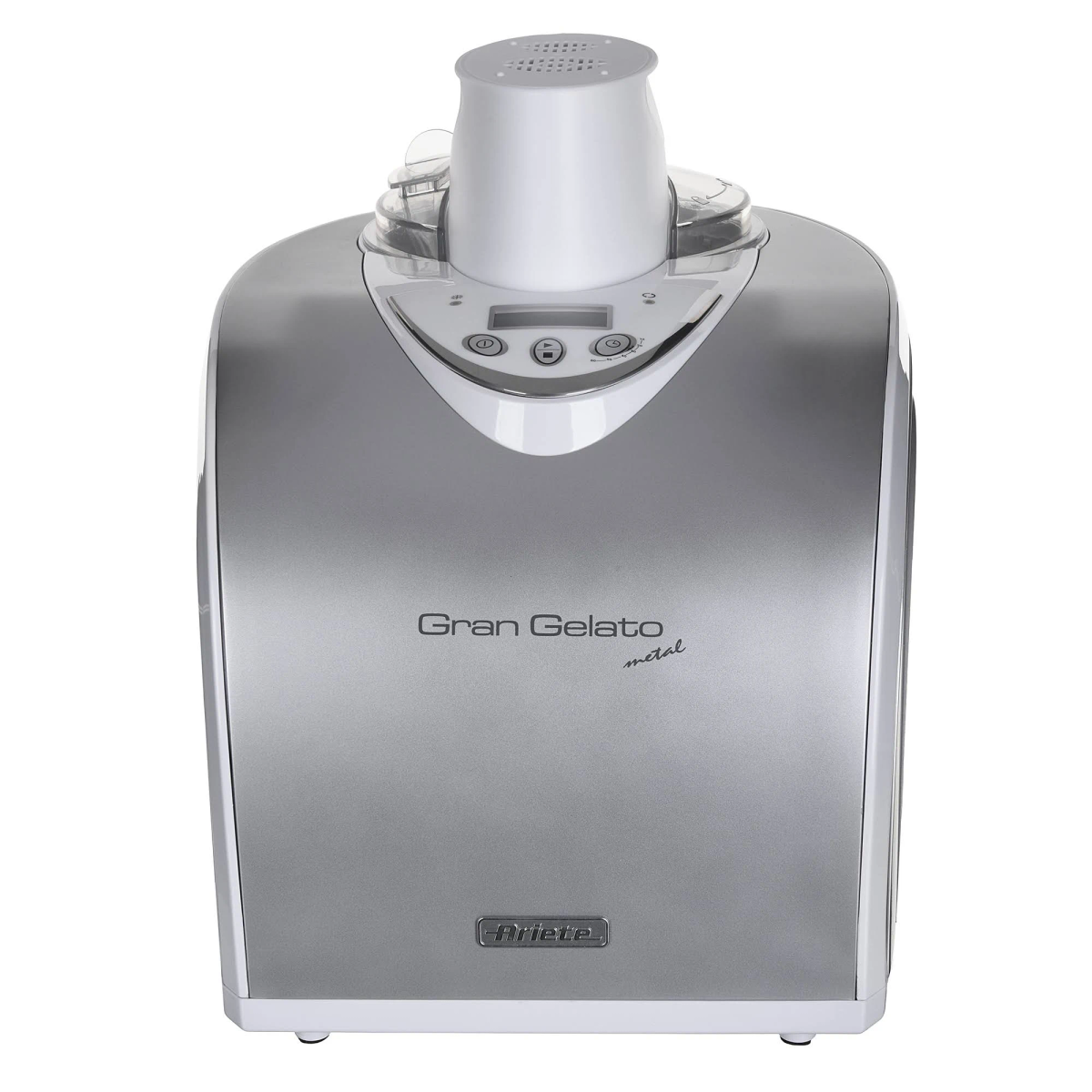 Srebrno-biała maszyna do lodów. Widoczny tekst 'Gran Gelato metal'. Widok z przodu.