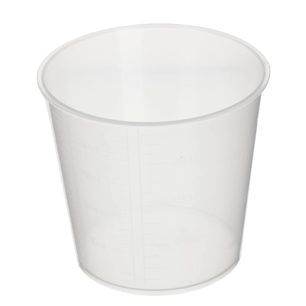 Przezroczysta plastikowa miarka z oznaczeniami pomiarowymi.