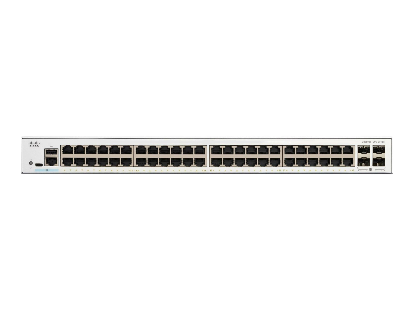 Uno switch Cisco bianco con molte porte, visto frontalmente.