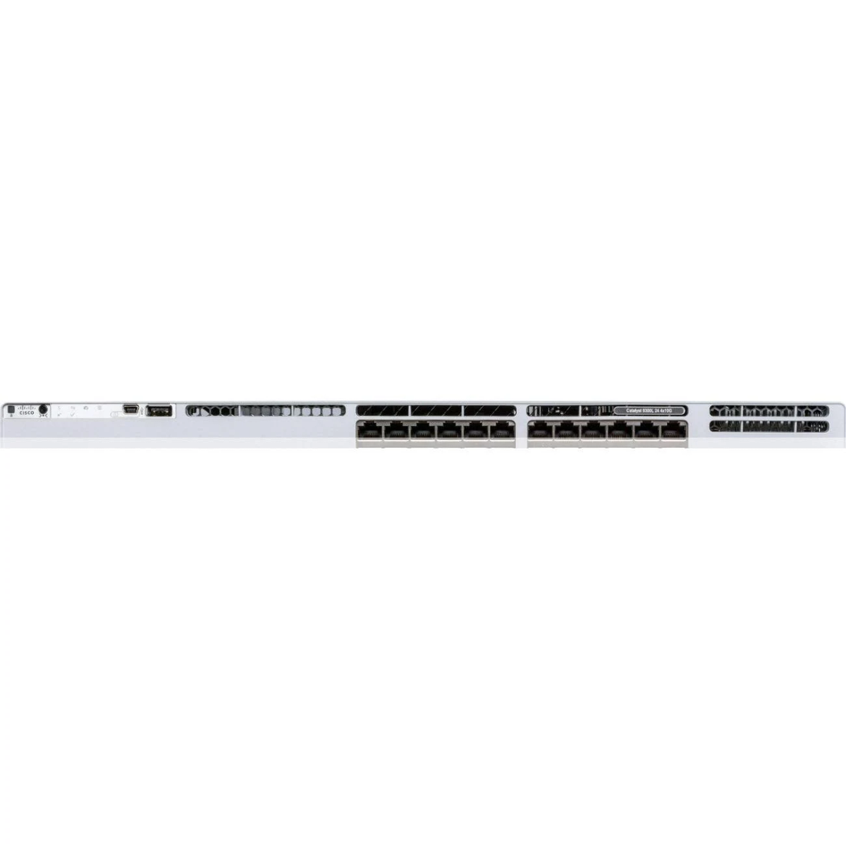 Uno switch Cisco bianco, visto da dietro, che mostra porte e connettori.