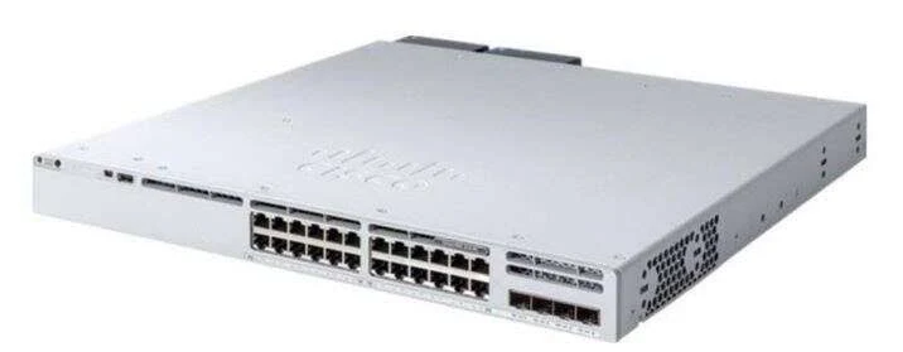 Grande switch di rete bianco con più porte. Logo Cisco visibile. Isolato su sfondo bianco.