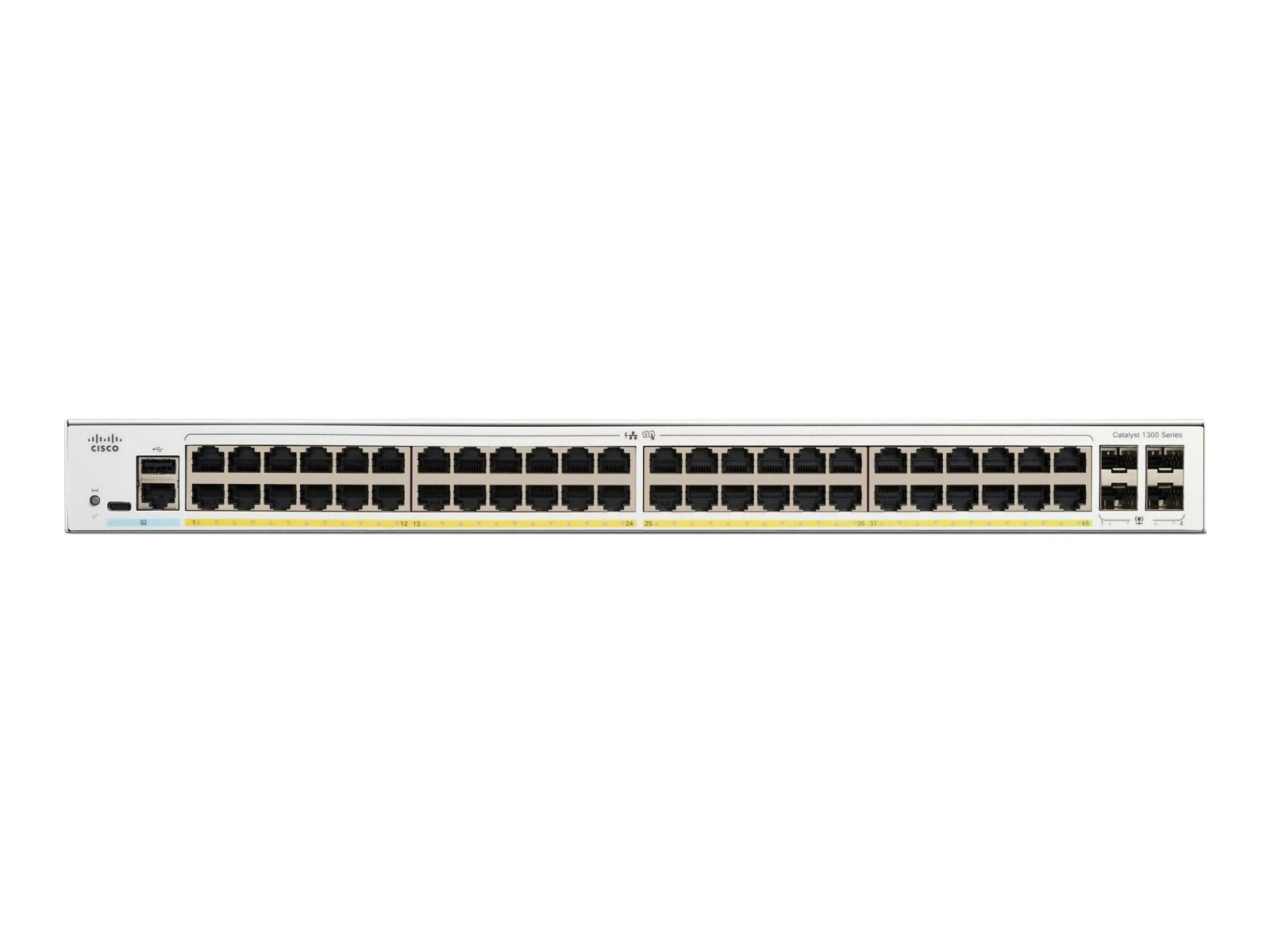 Uno switch di rete argento e nero con molte porte.