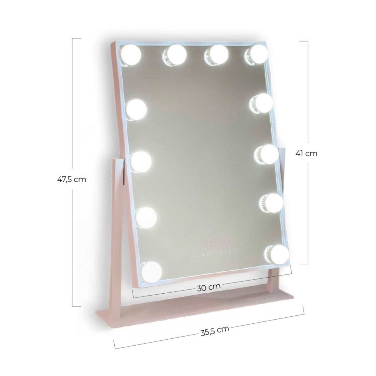 Espejo de maquillaje rosa iluminado con marcas de dimensiones y luces encendidas.