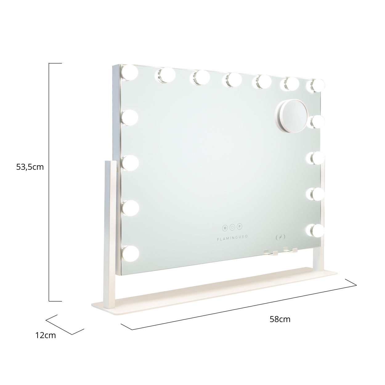 Un espejo de maquillaje blanco iluminado con dimensiones etiquetadas. Tiene luces alrededor del borde.
