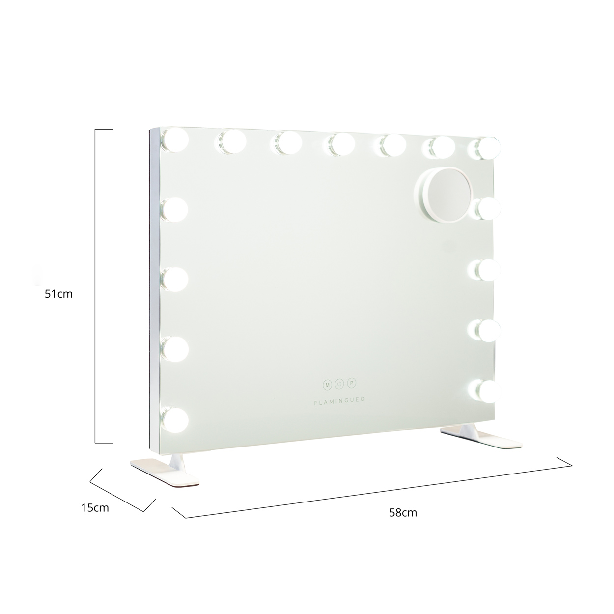 Espejo blanco iluminado con dimensiones 58x51x15 cm. Logotipo Flamingo visible.