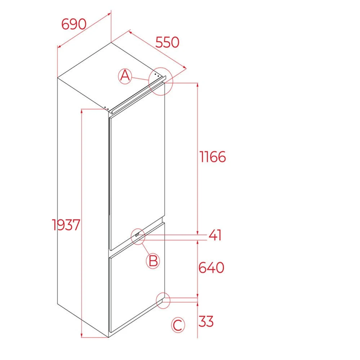 Vista isométrica de un refrigerador con dimensiones etiquetadas en líneas negras.