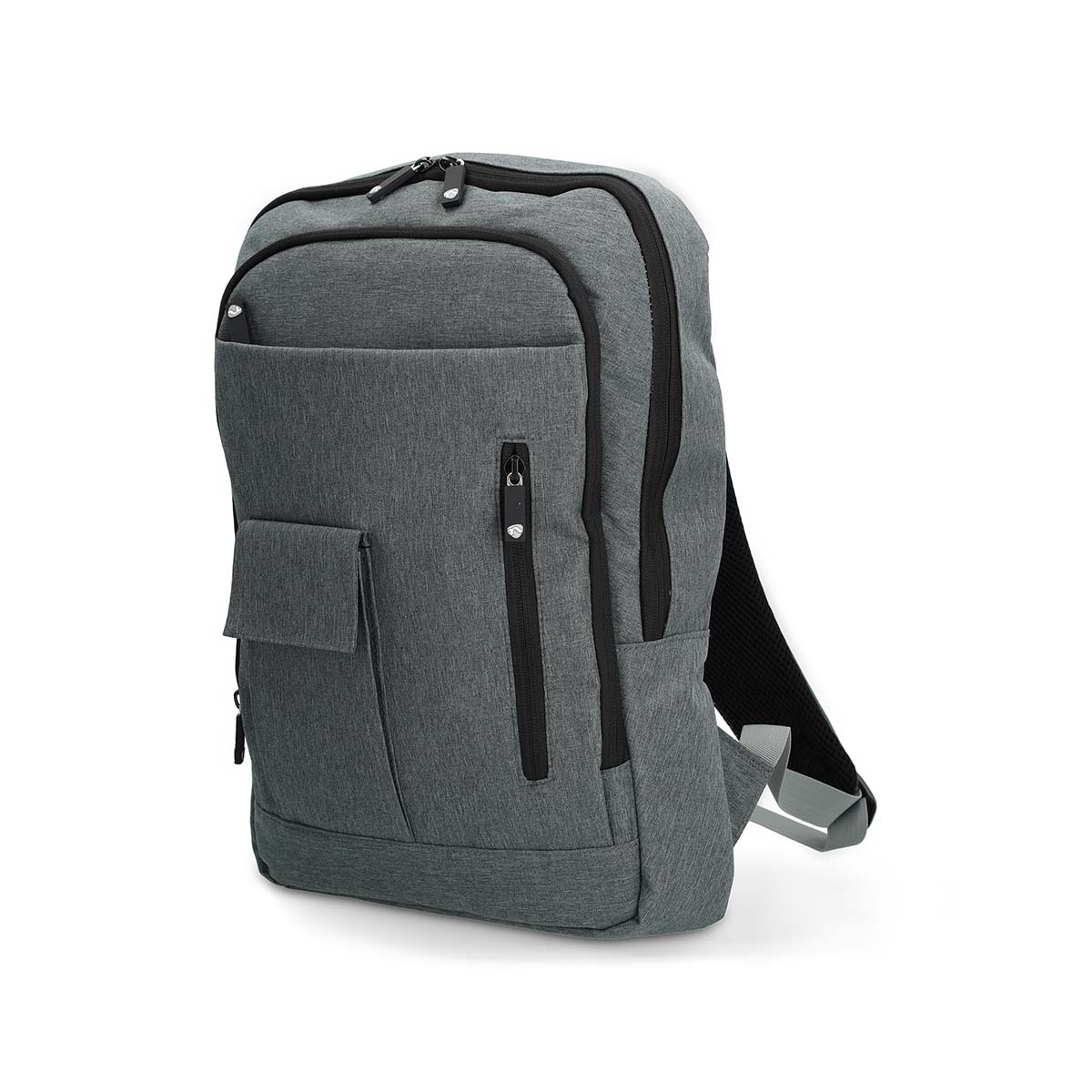 Ein grauer Rucksack mit einem schwarzen Reißverschluss und einem schwarzen Riemen.