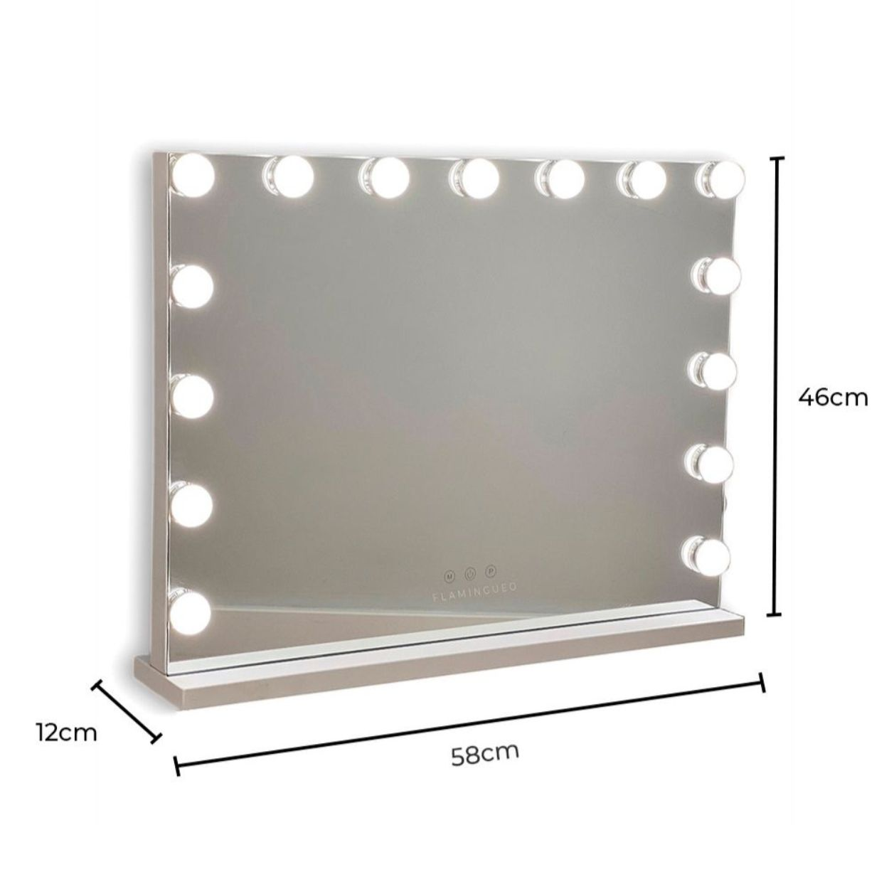 Espejo de tocador con luces y medidas sobre fondo blanco.