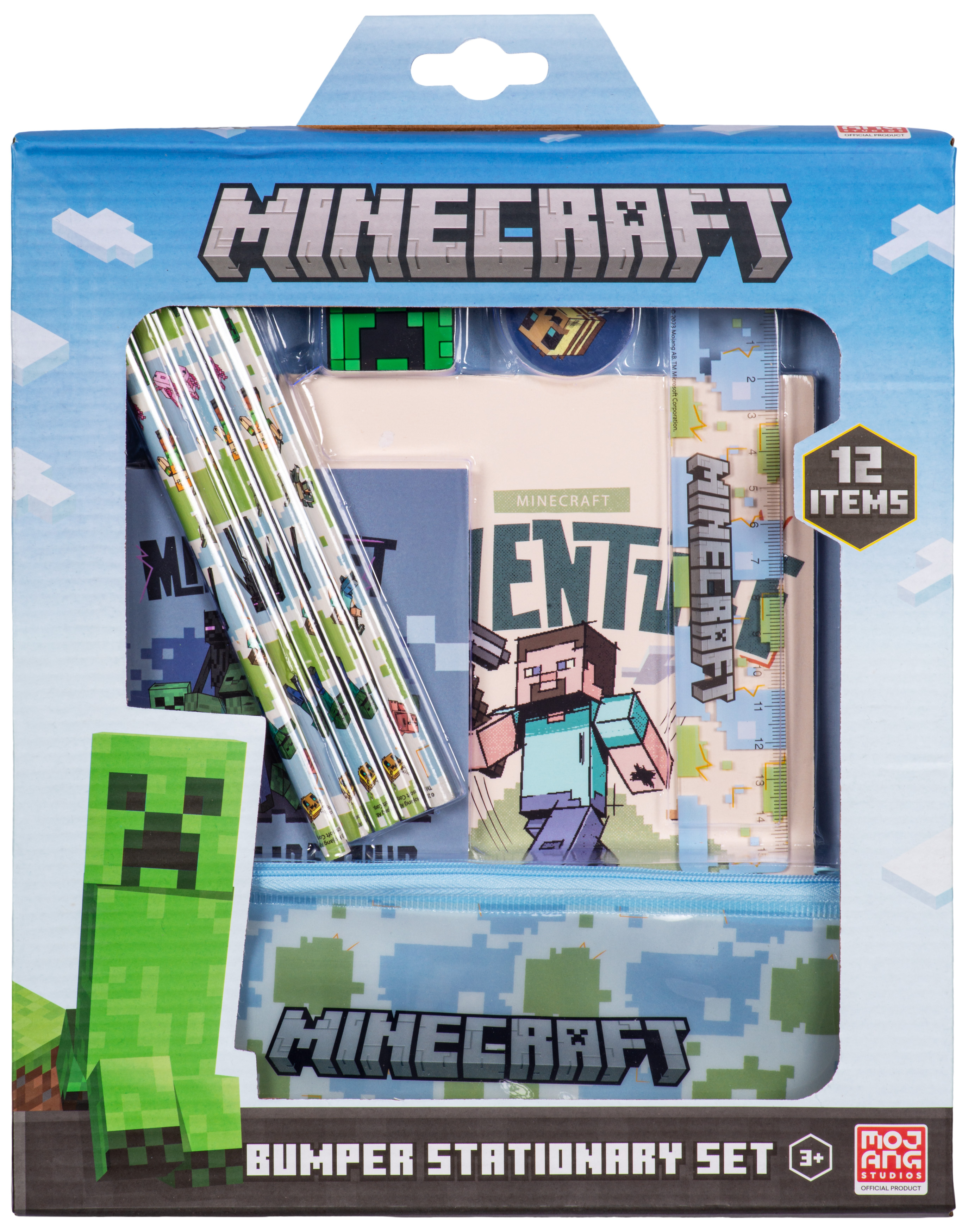 Minecraft-Schreibwarenset in einer Box. Enthält Stifte, Notizbuch, Federmäppchen und mehr.