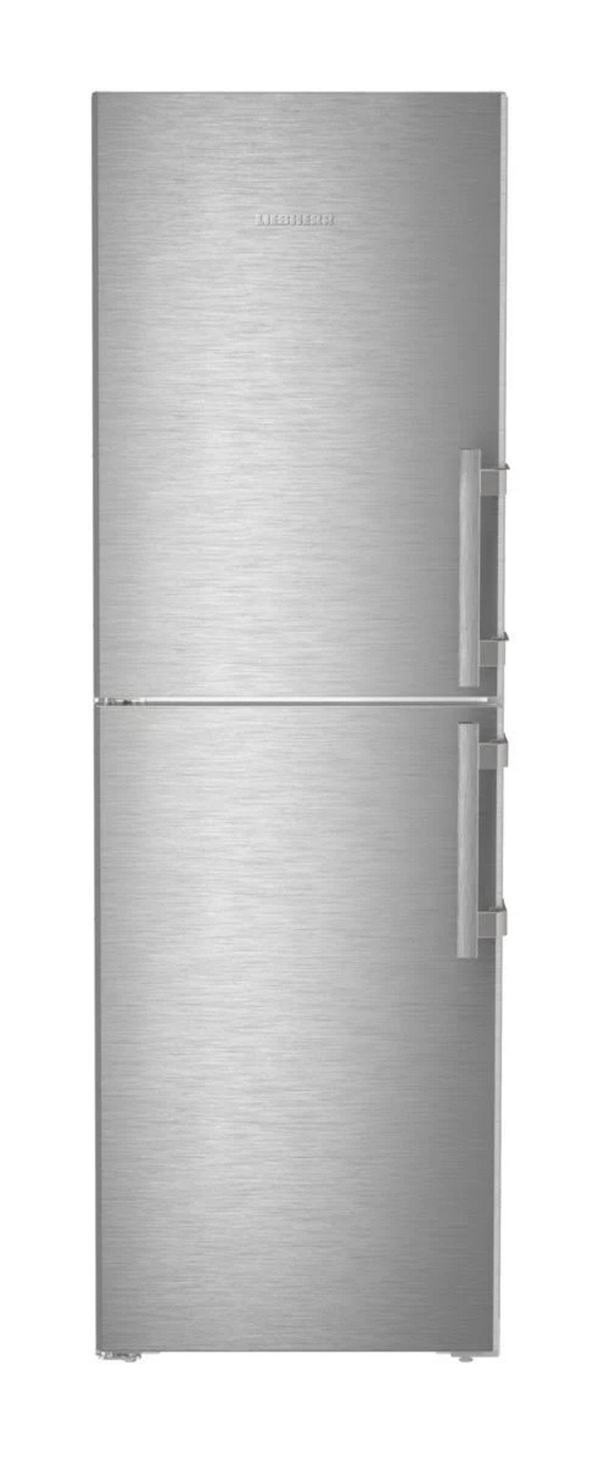 Ein hoher, silberner Liebherr-Kühlschrank mit zwei Türen und Griffen.
