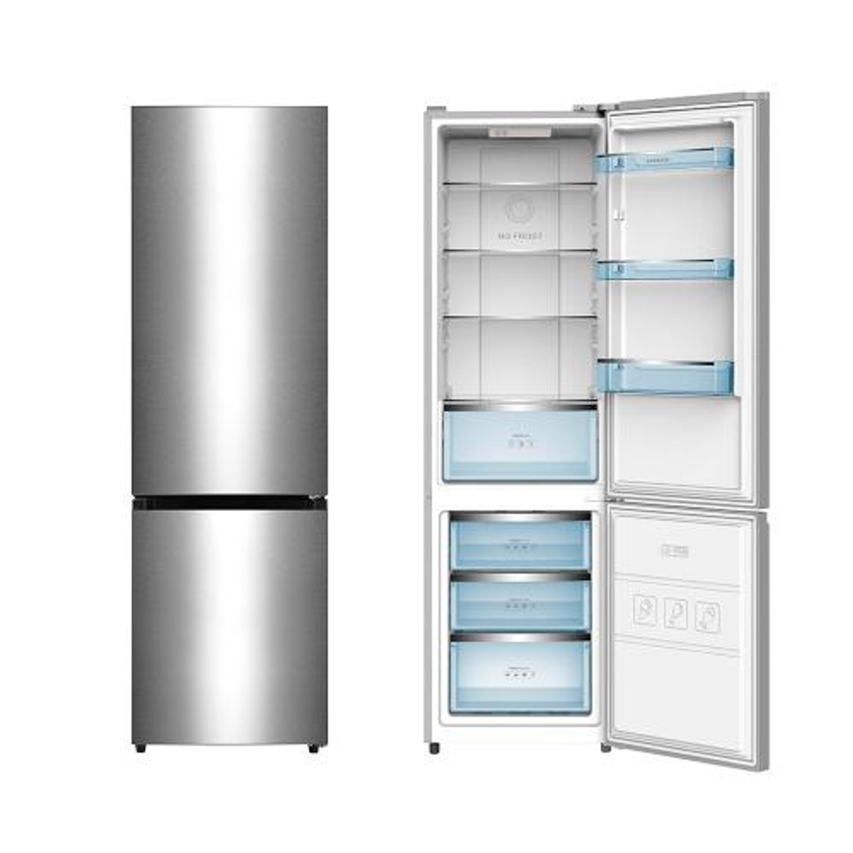 Refrigerador de acero inoxidable con puerta abierta, mostrando el interior.