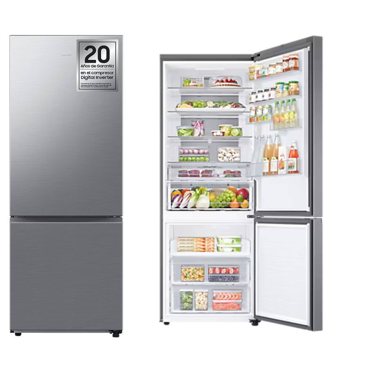 Lodówka ze stali nierdzewnej z otwartymi drzwiami, prezentująca wewnętrzne półki i produkty spożywcze.