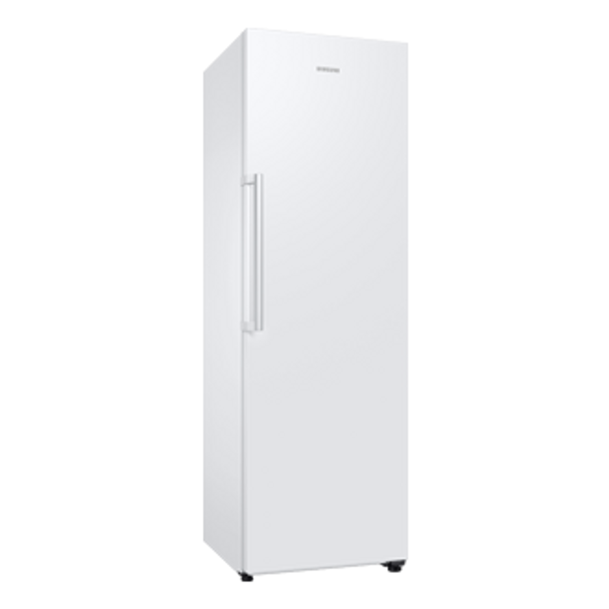 Refrigerador blanco y alto con asa plateada sobre fondo negro. 'Samsung' en la parte superior.