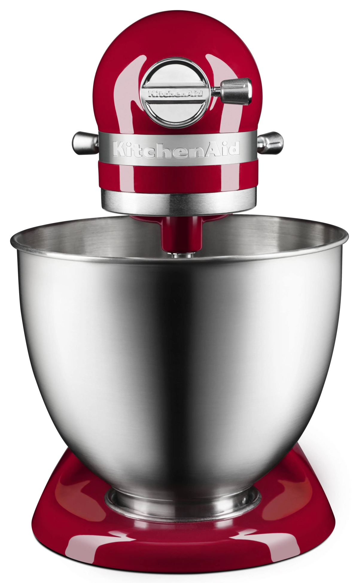 Ein roter KitchenAid-Küchenmixer mit einer Edelstahlschüssel, auf weißem Hintergrund. Der Mixer befindet sich im Vordergrund.