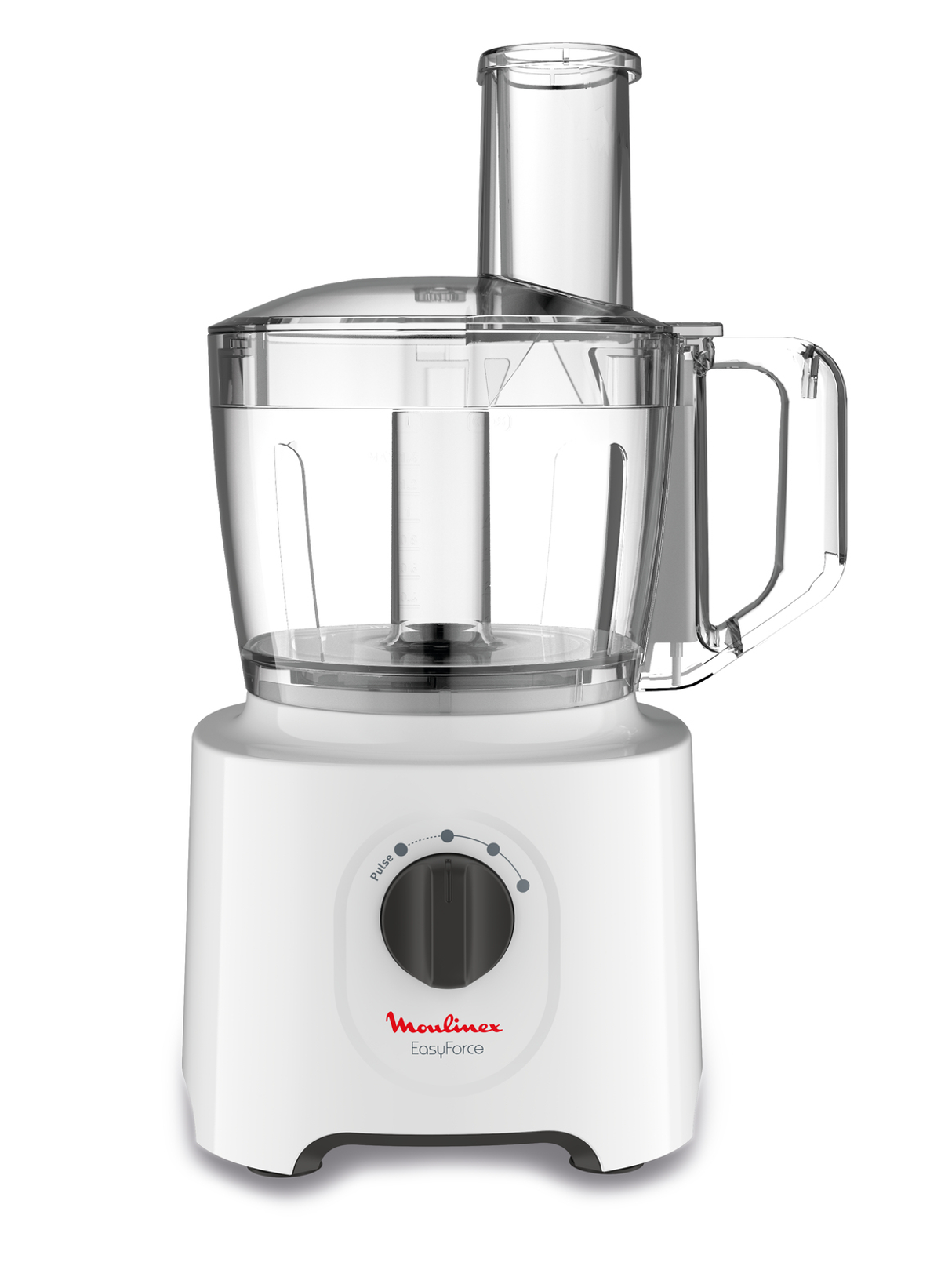 Un procesador de alimentos Moulinex Easy Force blanco con un cuenco de plástico transparente y una perilla de control.