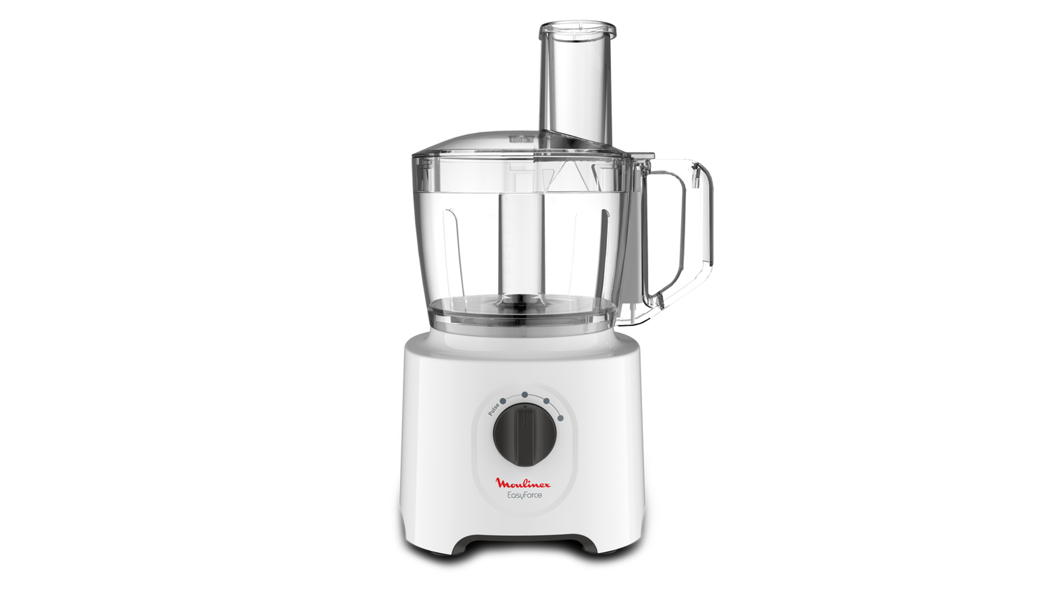 Procesador de alimentos Moulinex blanco, modelo Easy Force, con cuenco transparente, fondo blanco.