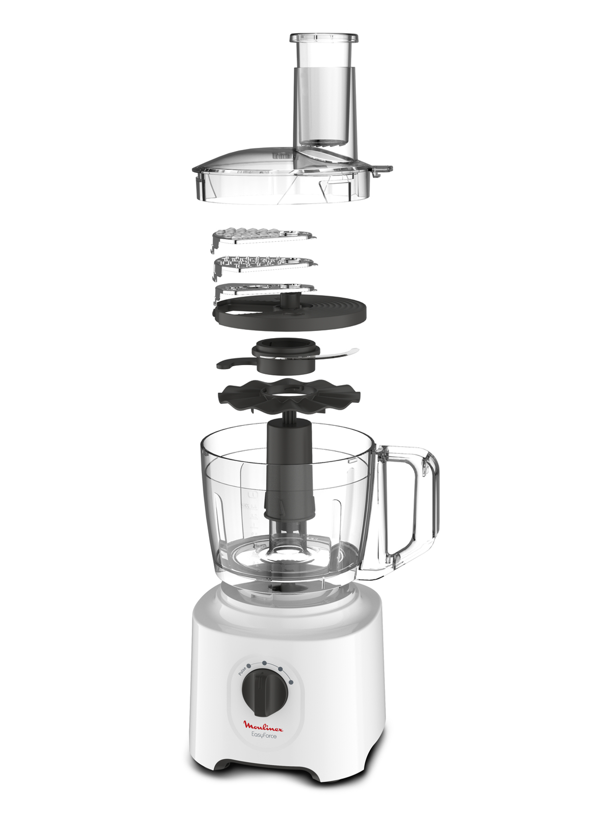Procesador de alimentos desmontado. Partes: tapa, cuchillas, cuenco y base. Base blanca, piezas transparentes.
