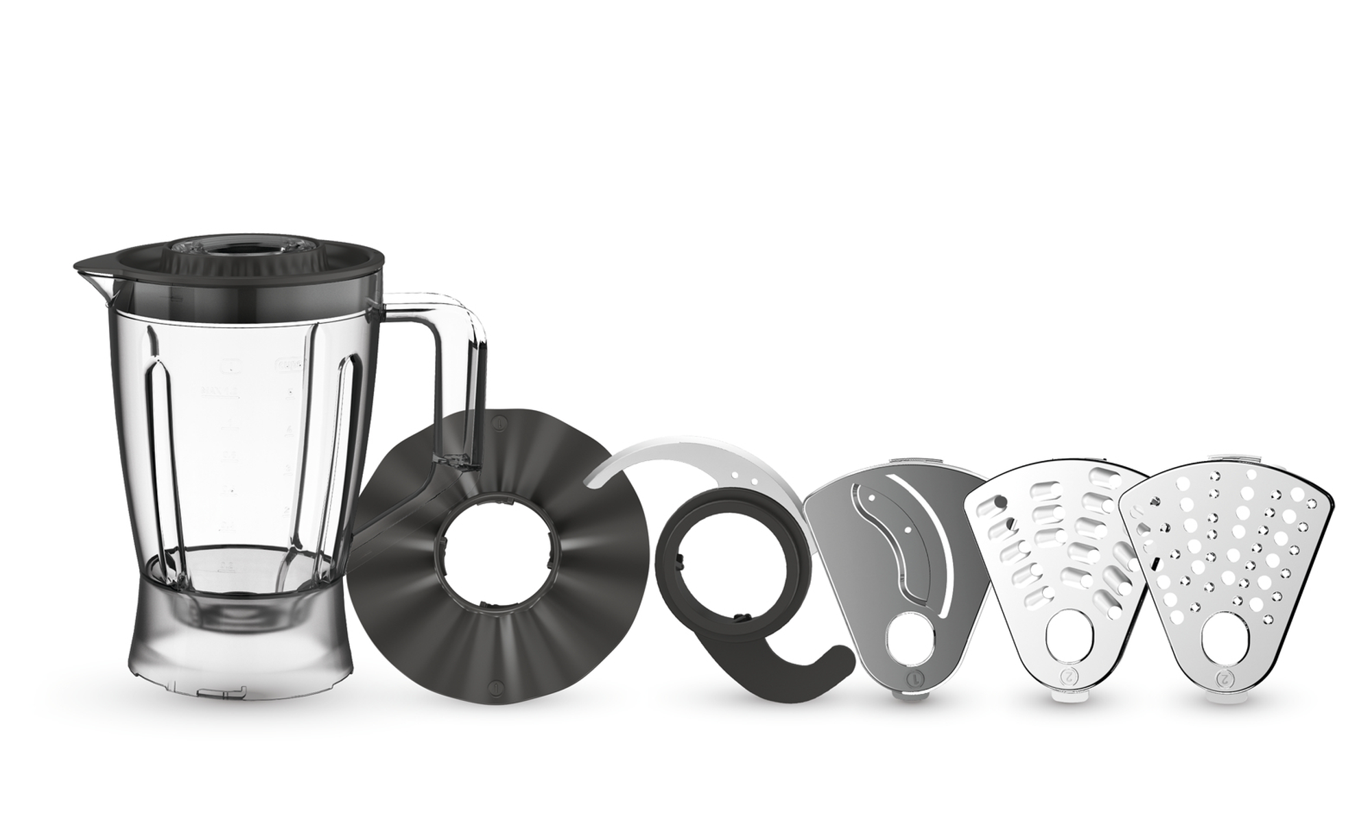 Accesorios de licuadora: Un vaso de licuadora, cuchillas, un anillo negro y otras piezas dispuestas sobre fondo blanco.