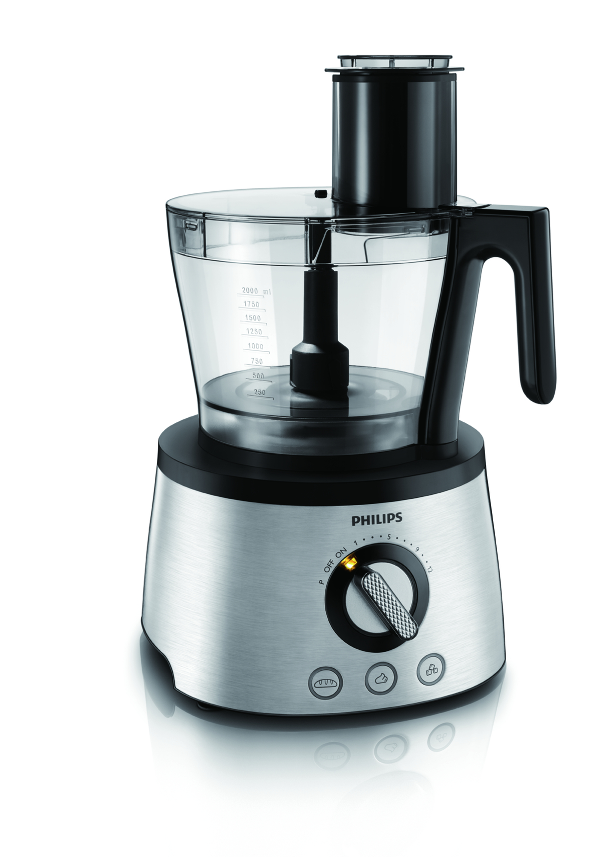 Ein silberner und schwarzer Philips-Foodprozessor mit einem transparenten Behälter, Griff und Drehreglern.