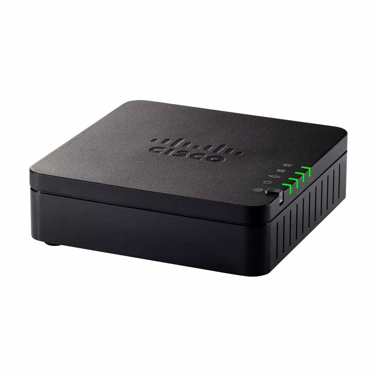 Enrutador Cisco negro. Caja pequeña con luces indicadoras verdes en el lado superior derecho.