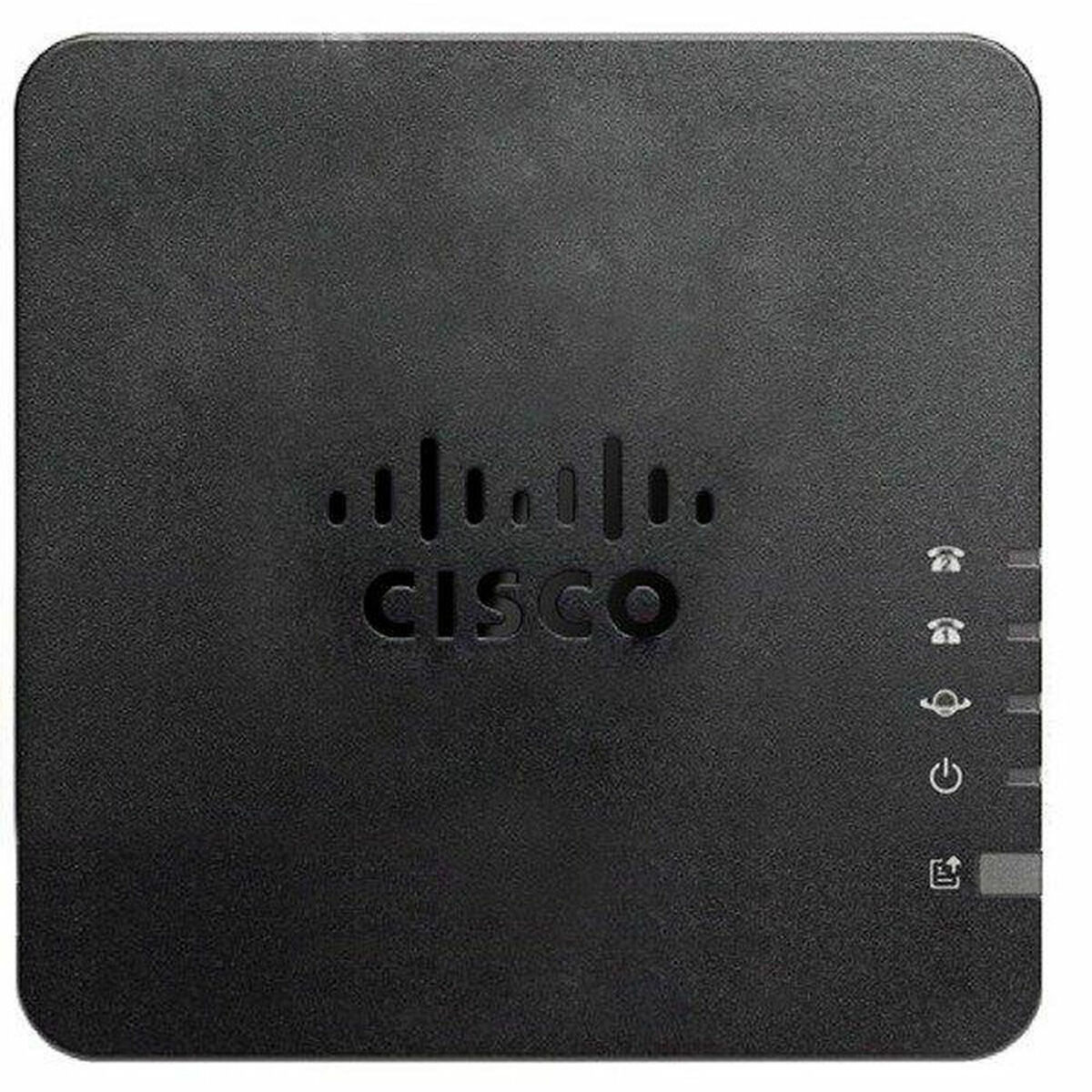 Dispositivo Cisco negro con el logotipo de CISCO y luces de estado. Forma cuadrada.
