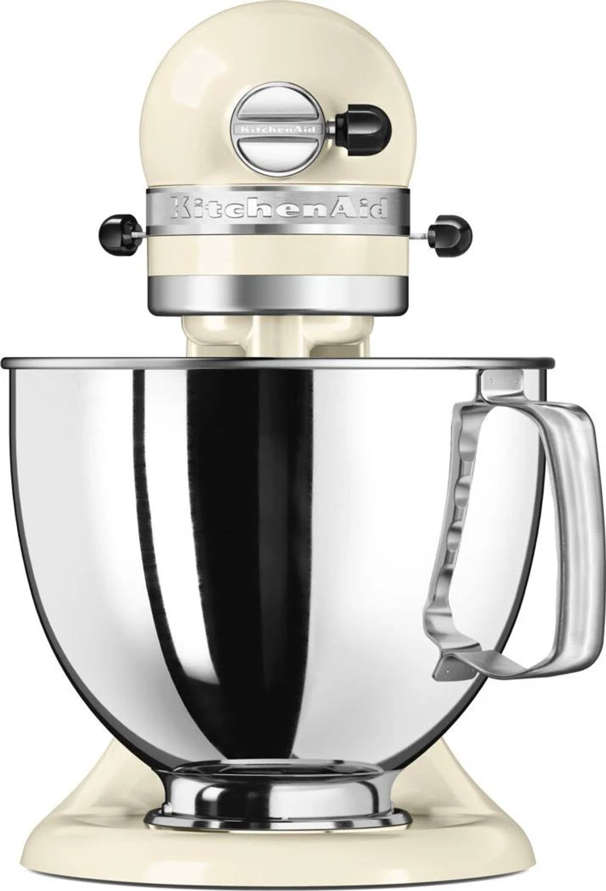 Paslanmaz çelik kaseli krem rengi bir KitchenAid mikser.