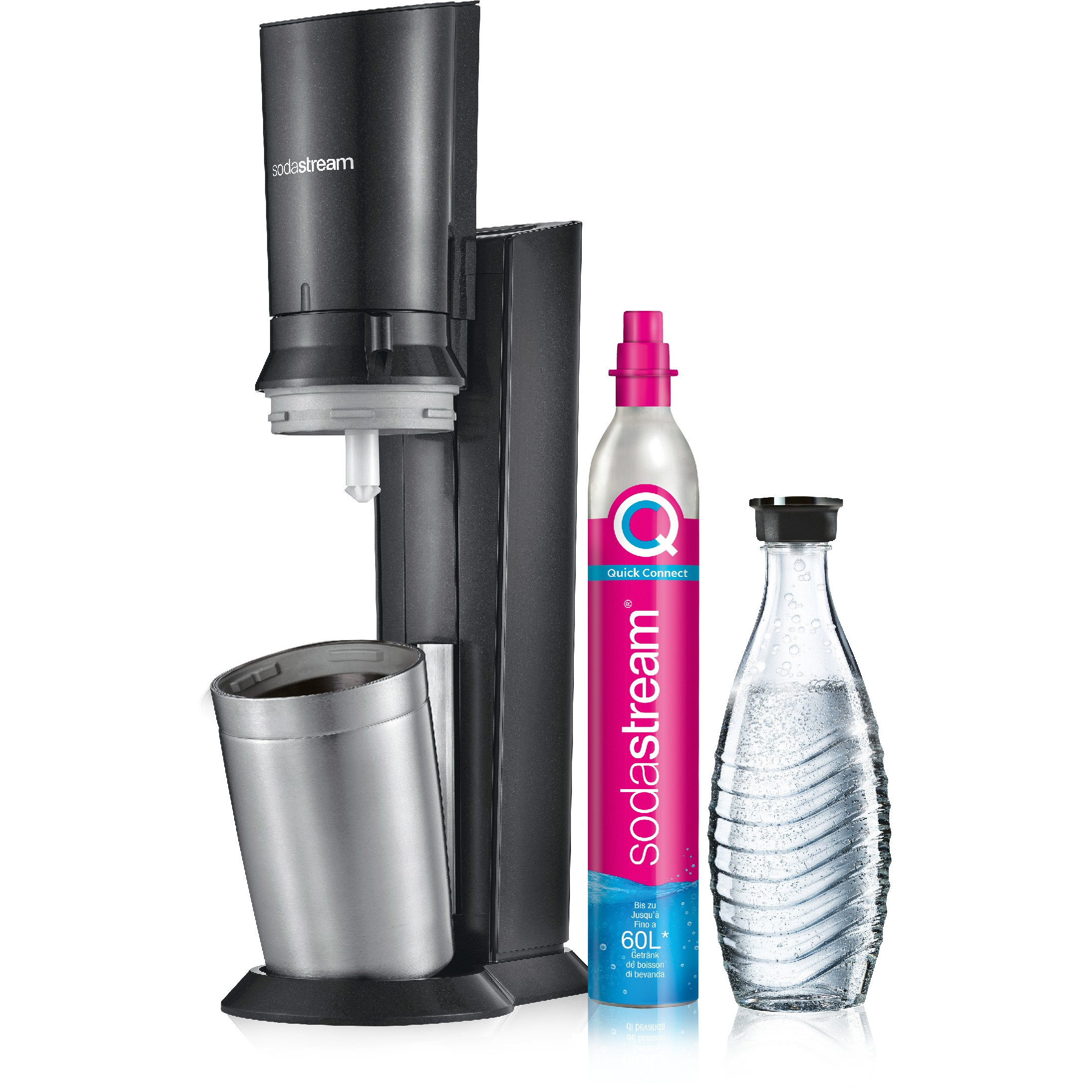 A SodaStream soda maker with a soda bottle and a water bottle. The soda maker is black and silver.