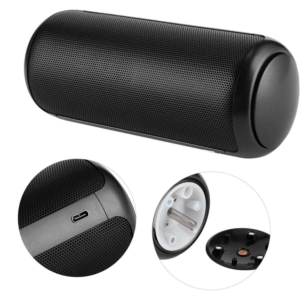 Schwarzer zylindrischer Lautsprecher. Hat ein Mesh-Gitter, zwei Endkappen und einen USB-Anschluss.