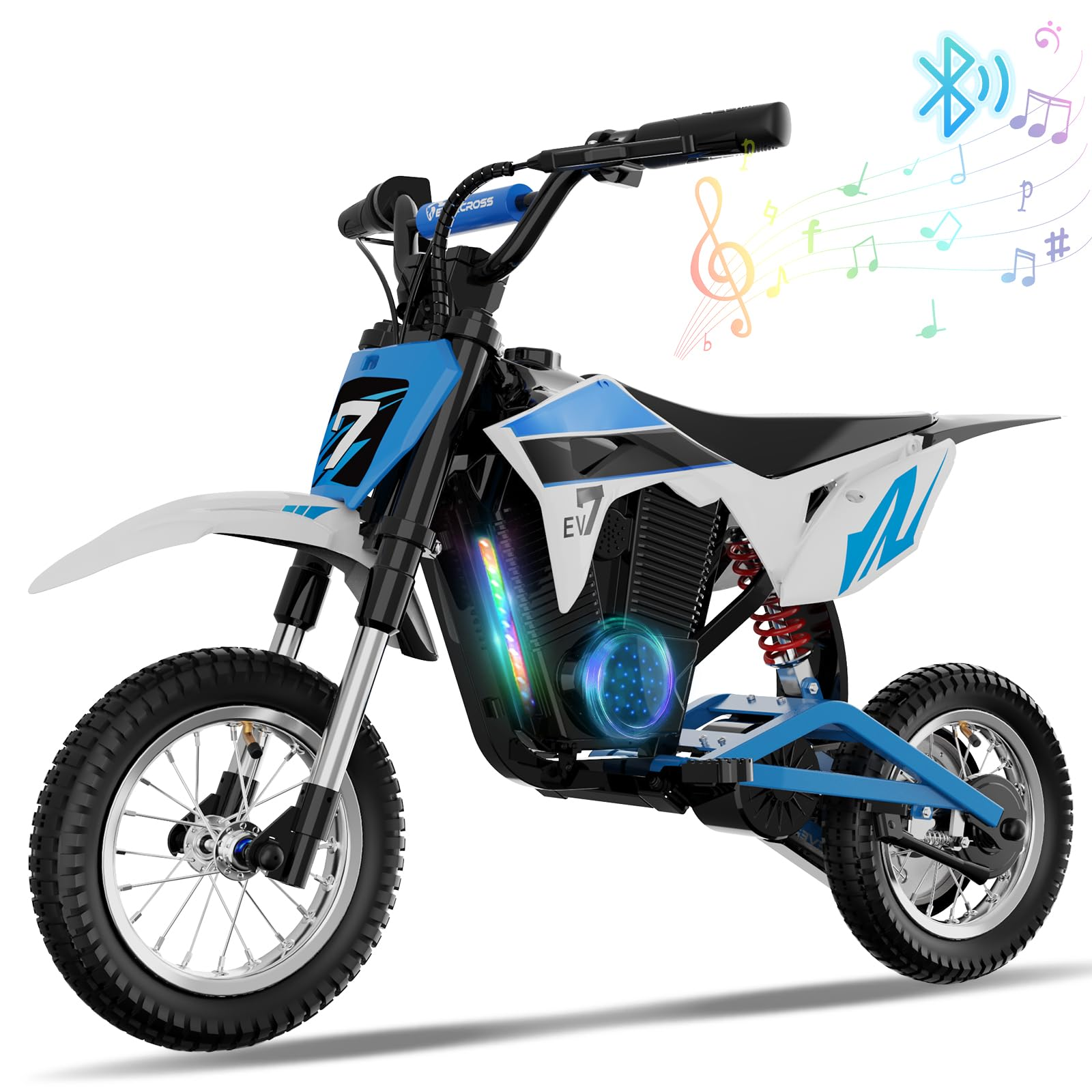 Motocicletta elettrica blu e bianca con onde sonore e note musicali.