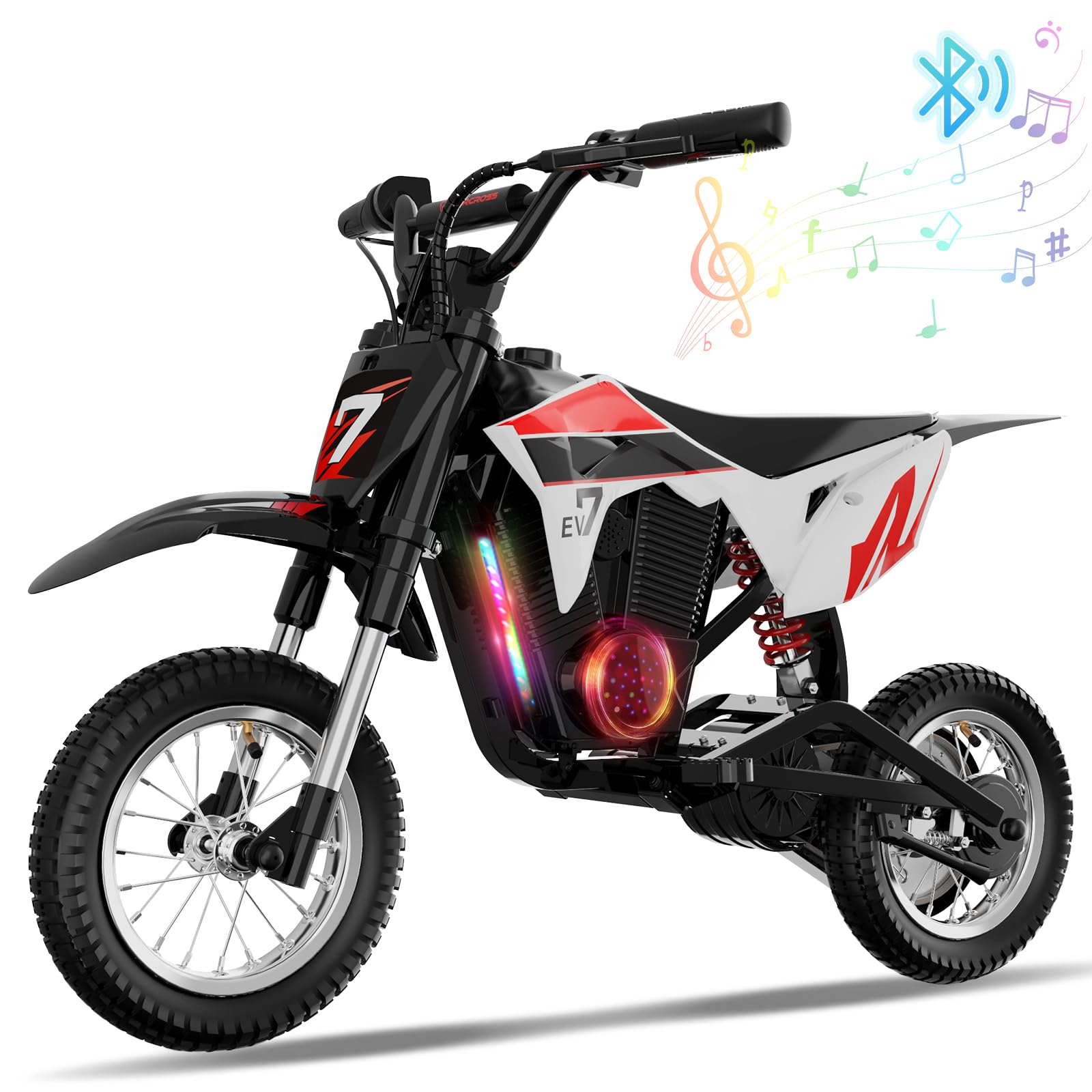 Motocicletta giocattolo elettrica nera e rossa con luci e simboli musicali.
