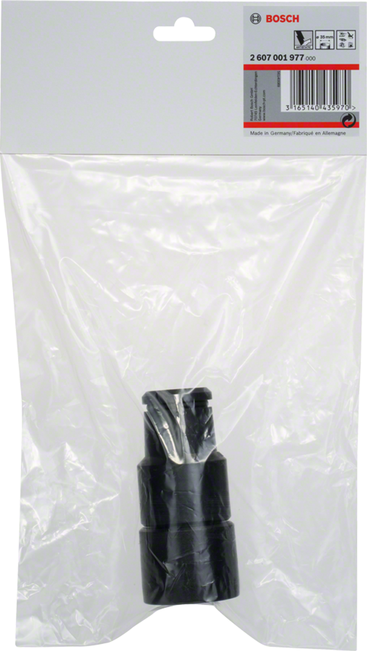Bolsa de plástico transparente con un accesorio negro. Marca Bosch. Texto y etiquetas visibles.