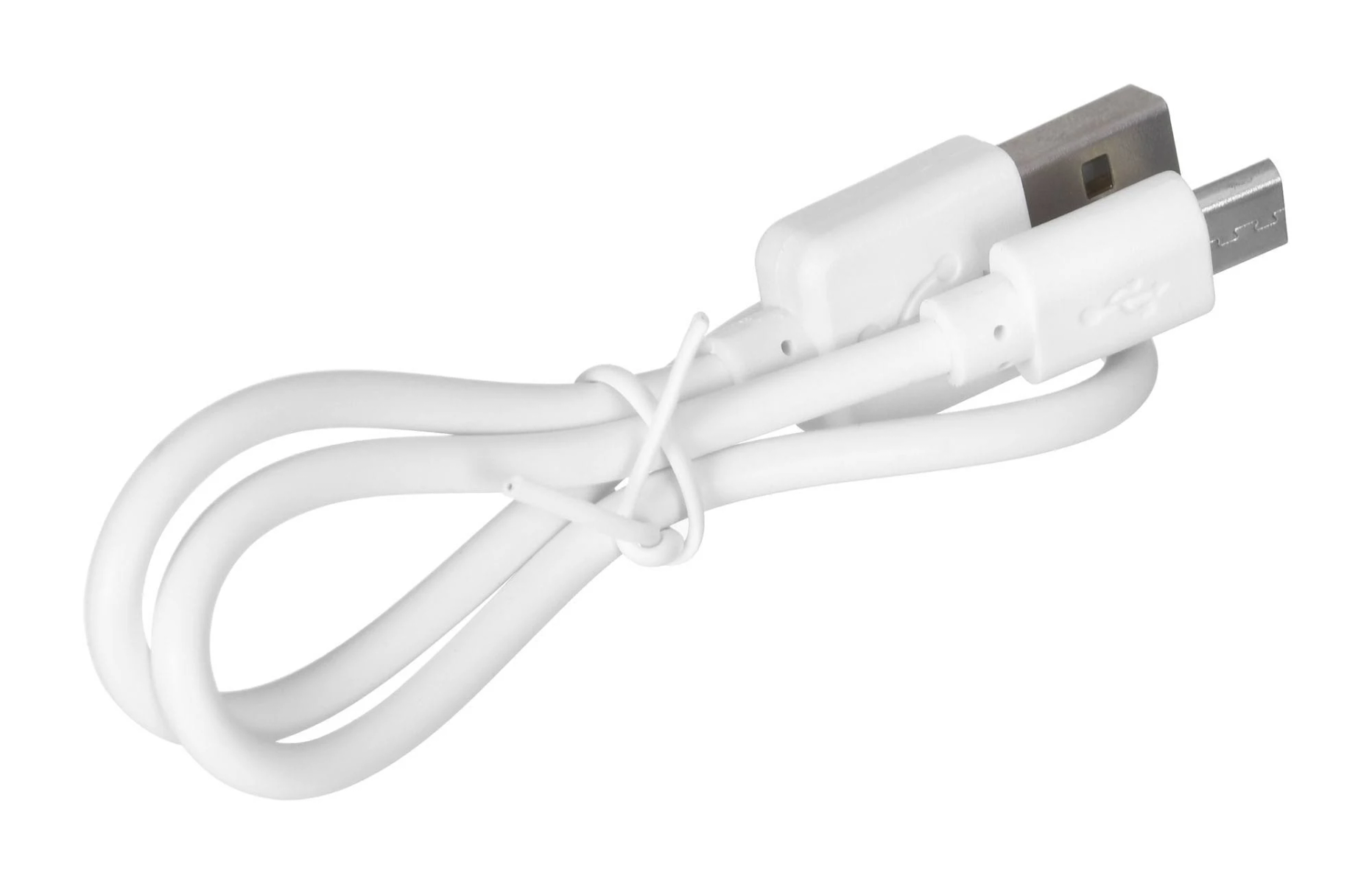 Weißes USB-Ladekabel. Micro-USB- und USB-A-Anschlüsse sind sichtbar.