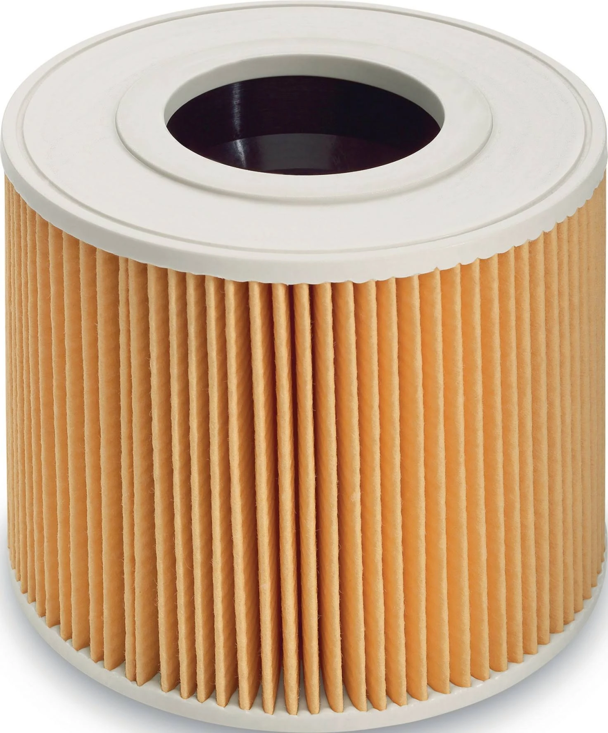 Zbliżenie cylindrycznego filtra powietrza z plisowanym, pomarańczowo-żółtym wkładem. Ma białą ramę.