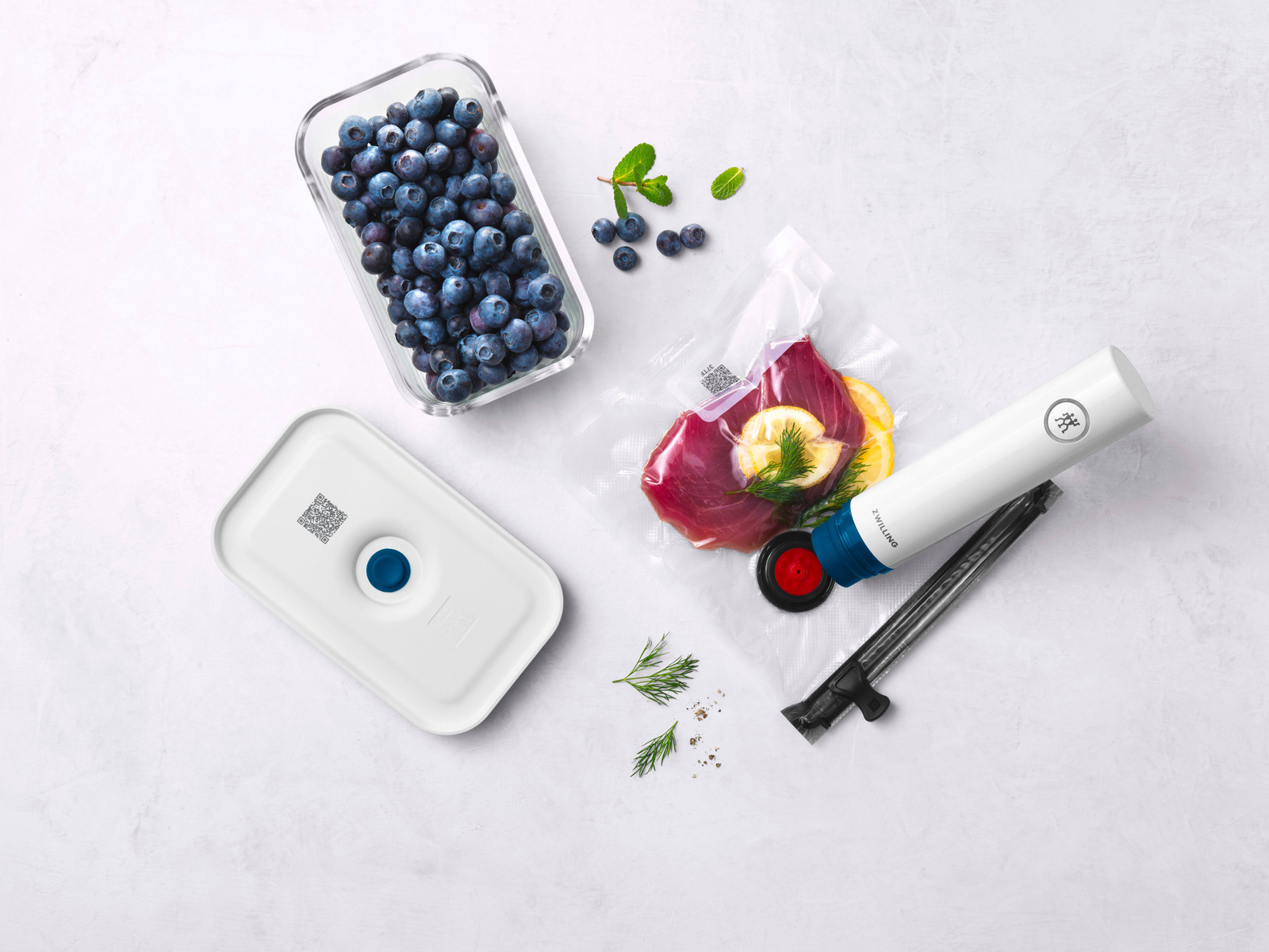 Lebensmittel-Vakuumierset mit Blaubeeren, Fleisch und Kräutern auf weißer Oberfläche. Enthält eine Vakuumiermaschine.
