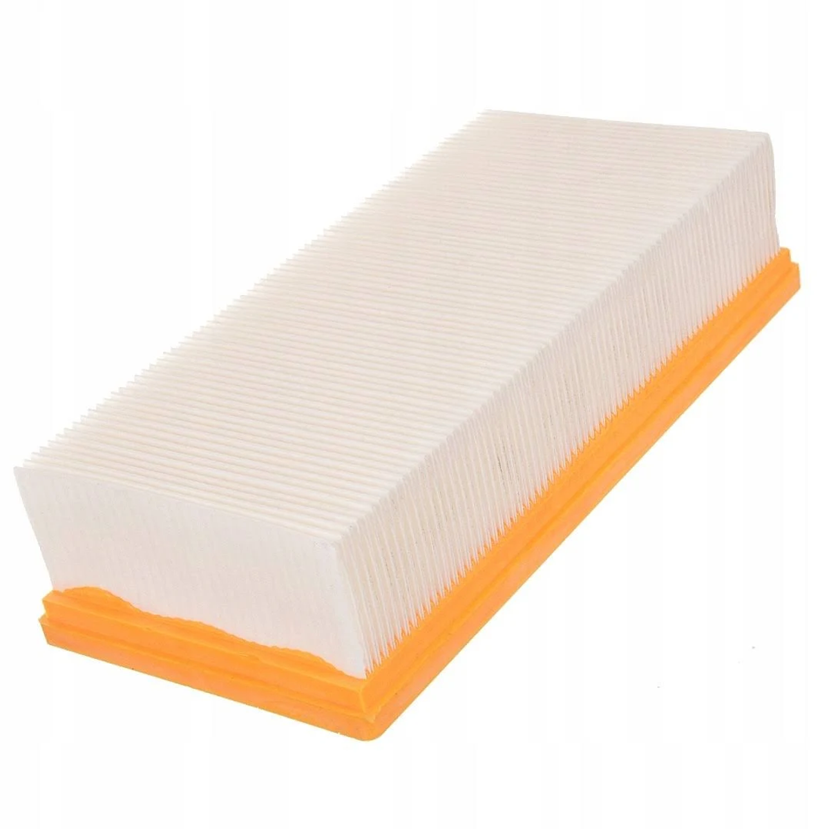 Un filtro de aire con medio filtrante blanco y un marco naranja. Es rectangular.