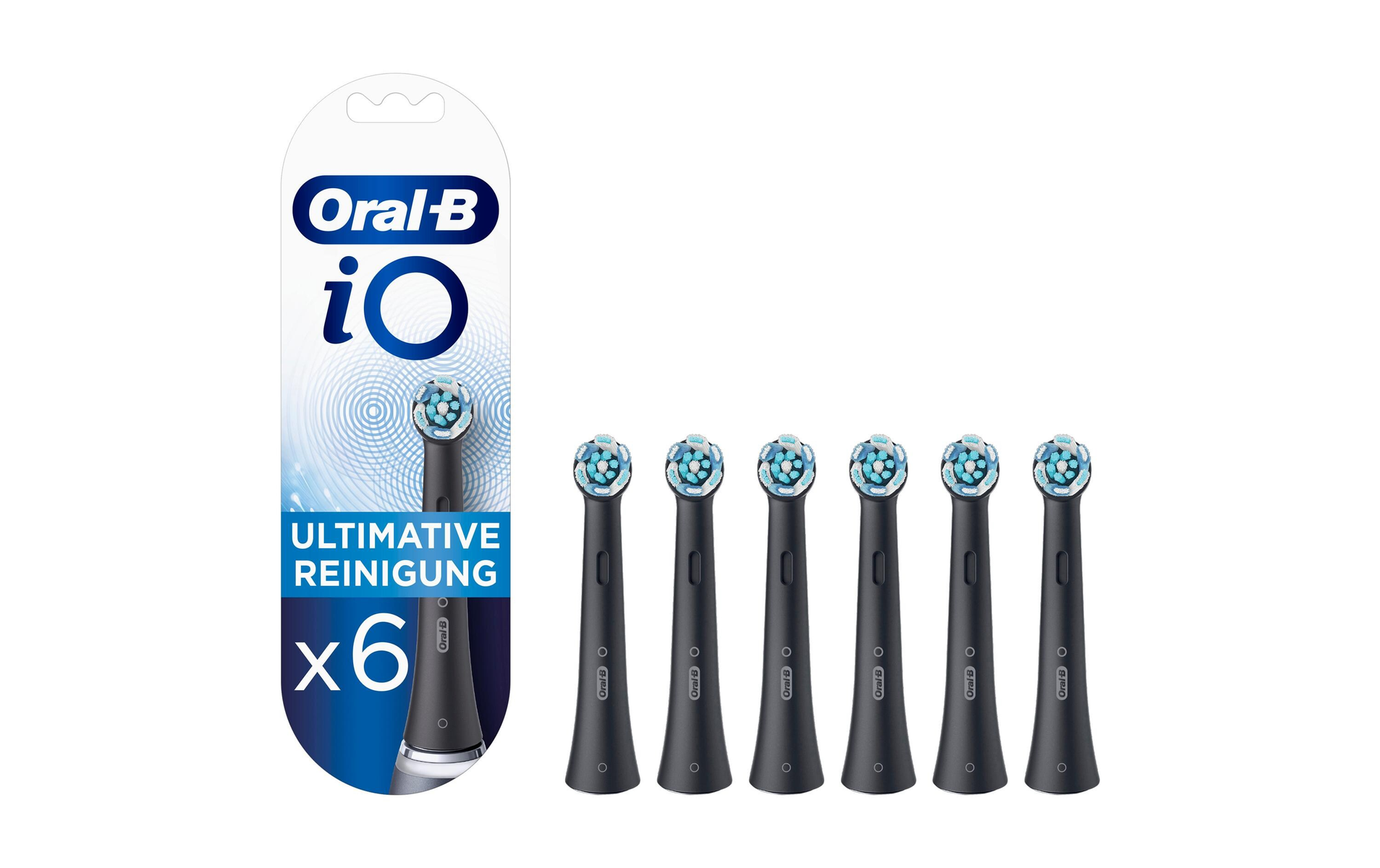 Cabezales de cepillo de dientes Oral-B iO y embalaje sobre fondo blanco.