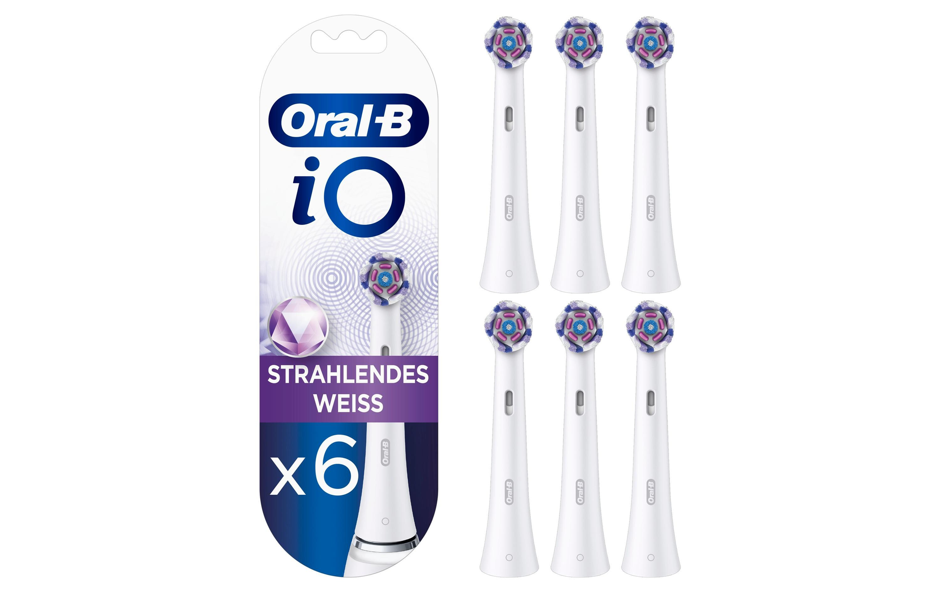 Opakowanie główek do szczoteczki Oral-B iO. Wyeksponowano sześć białych główek.