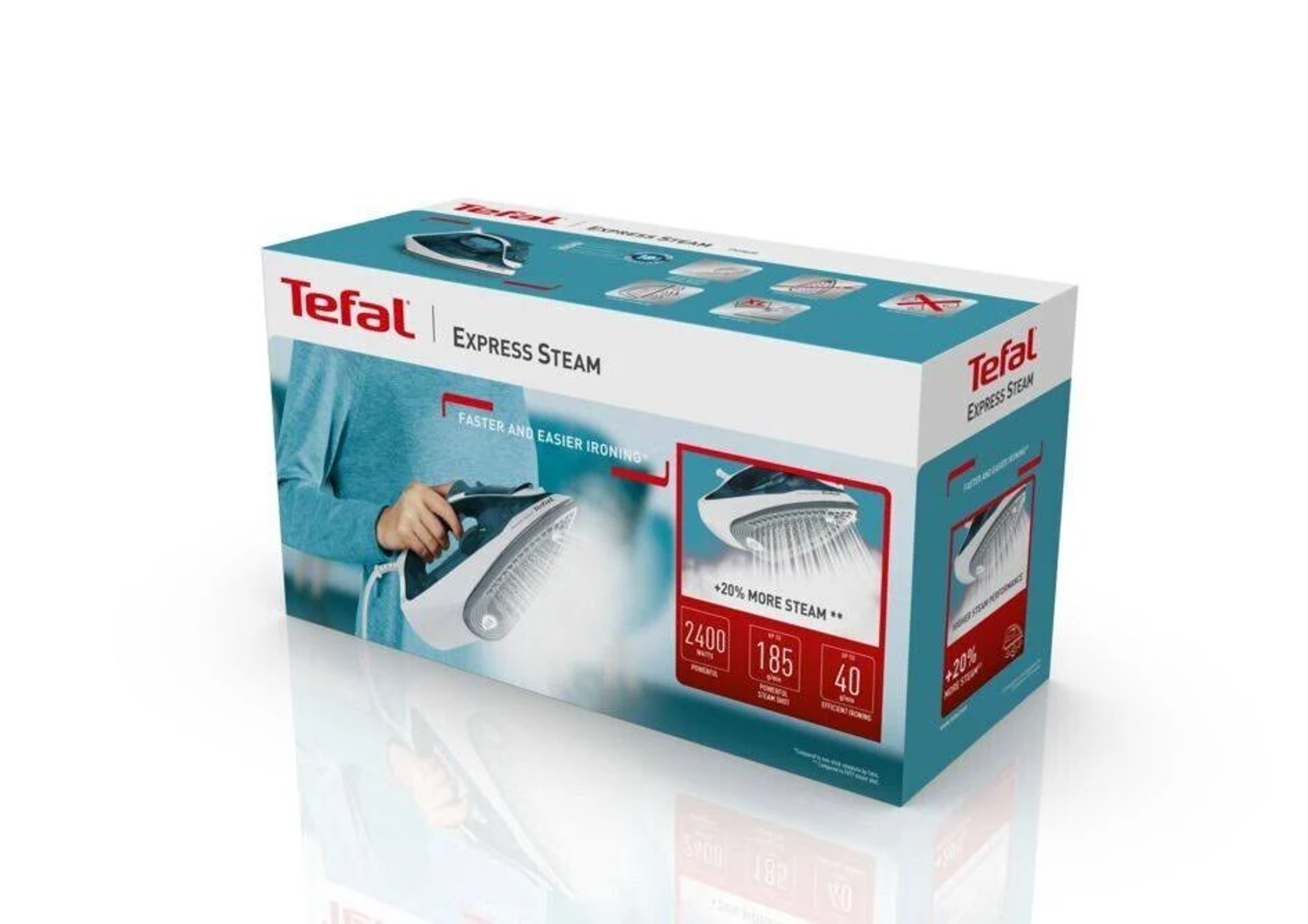 Una caja del producto de la plancha Tefal Express Steam, con ilustraciones de la plancha y vapor.