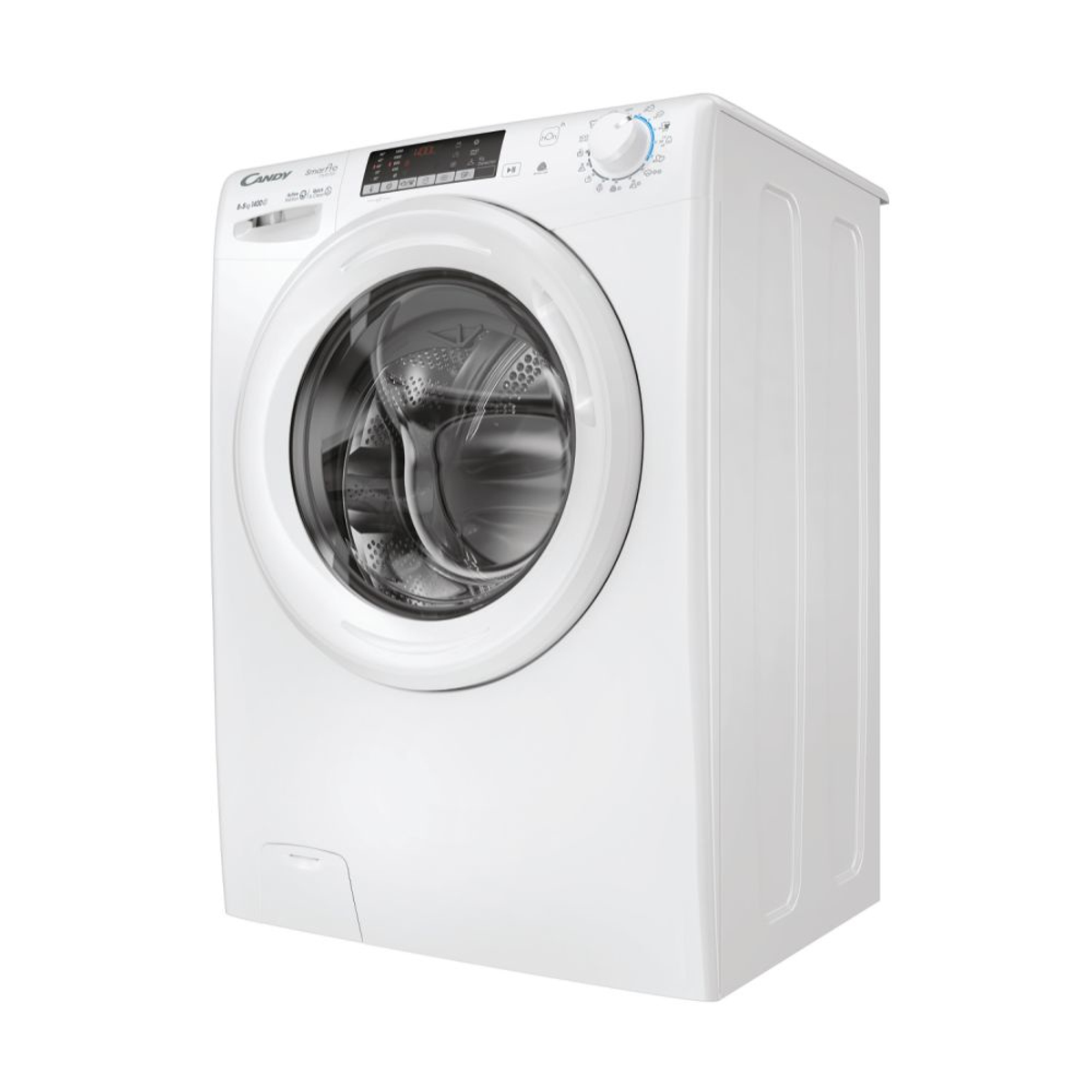Una lavadora blanca con puerta frontal y controles en la parte superior.