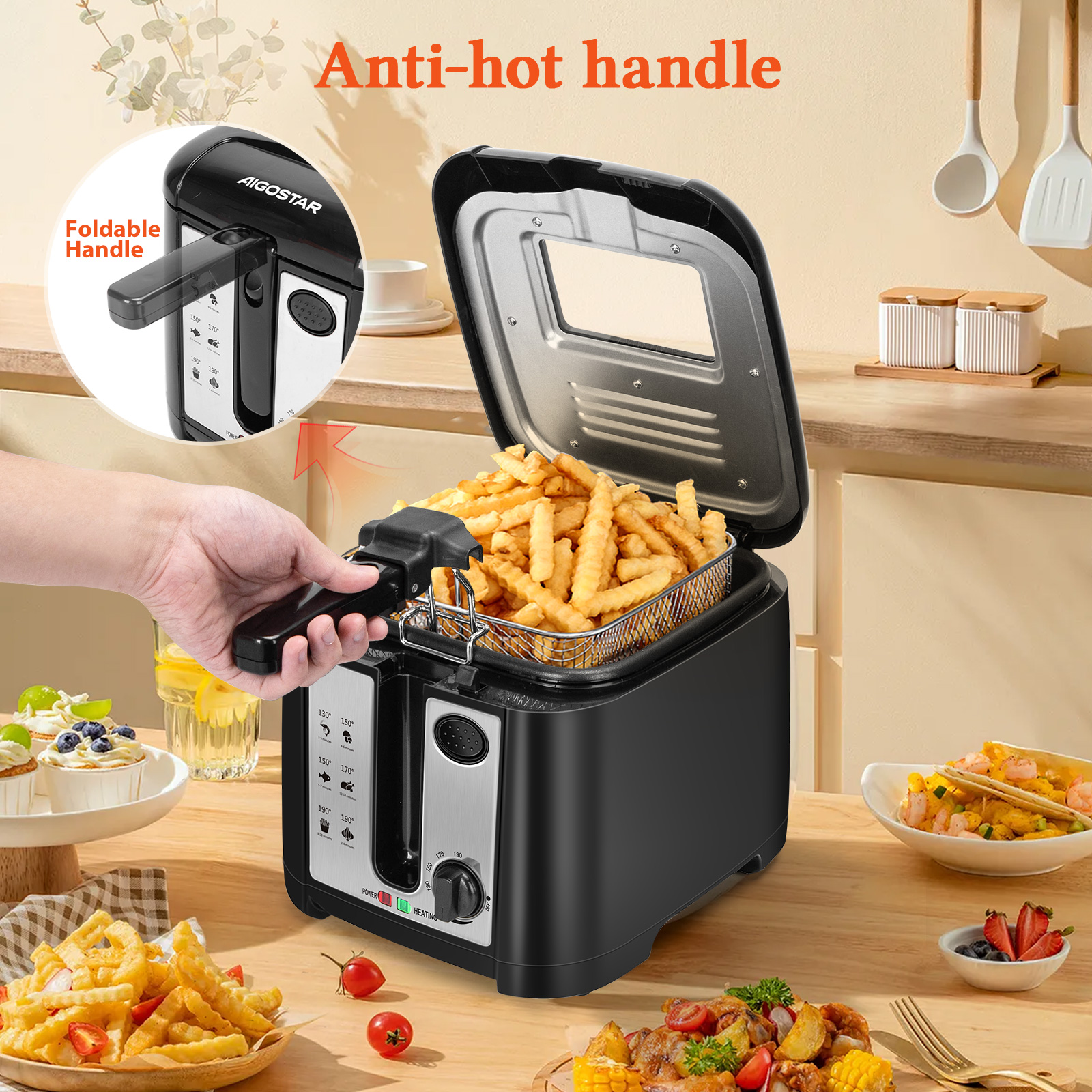 Freidora con patatas fritas. Electrodoméstico negro, una cesta y comida en la mesa.