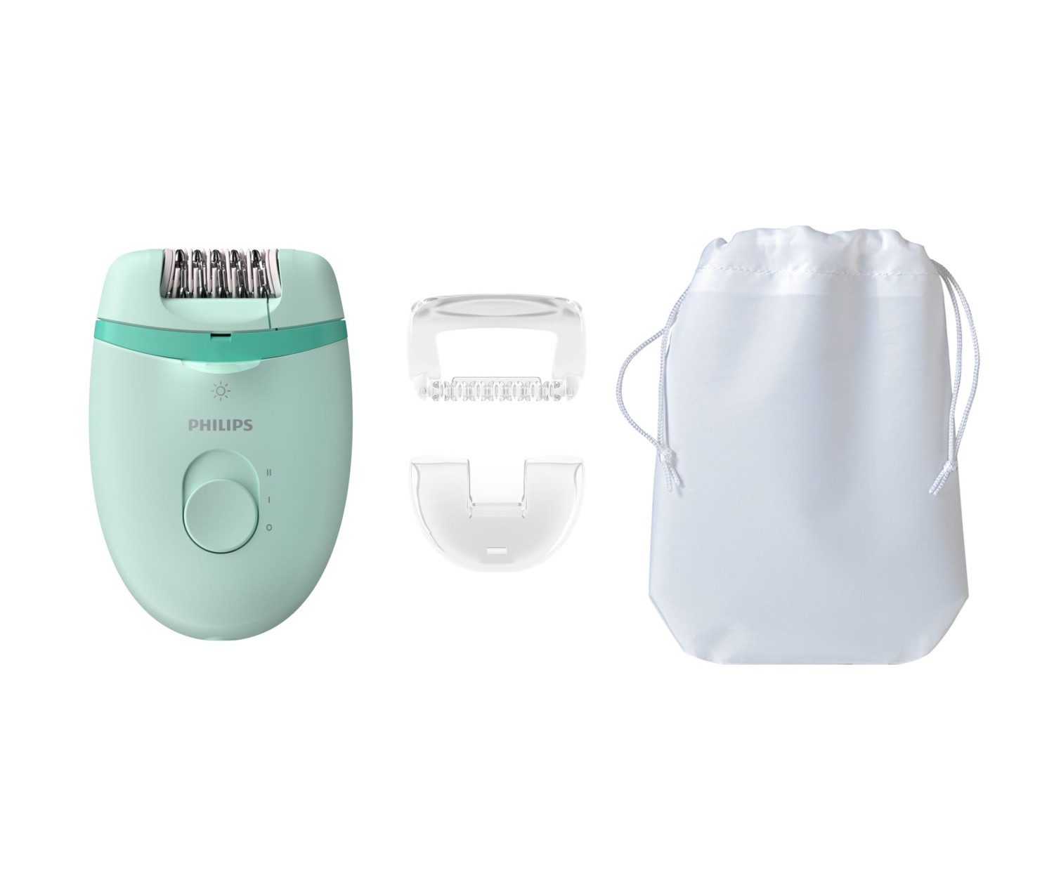 Una depiladora con accesorios y una bolsa. Es de color verde claro y blanco. El fondo es blanco.