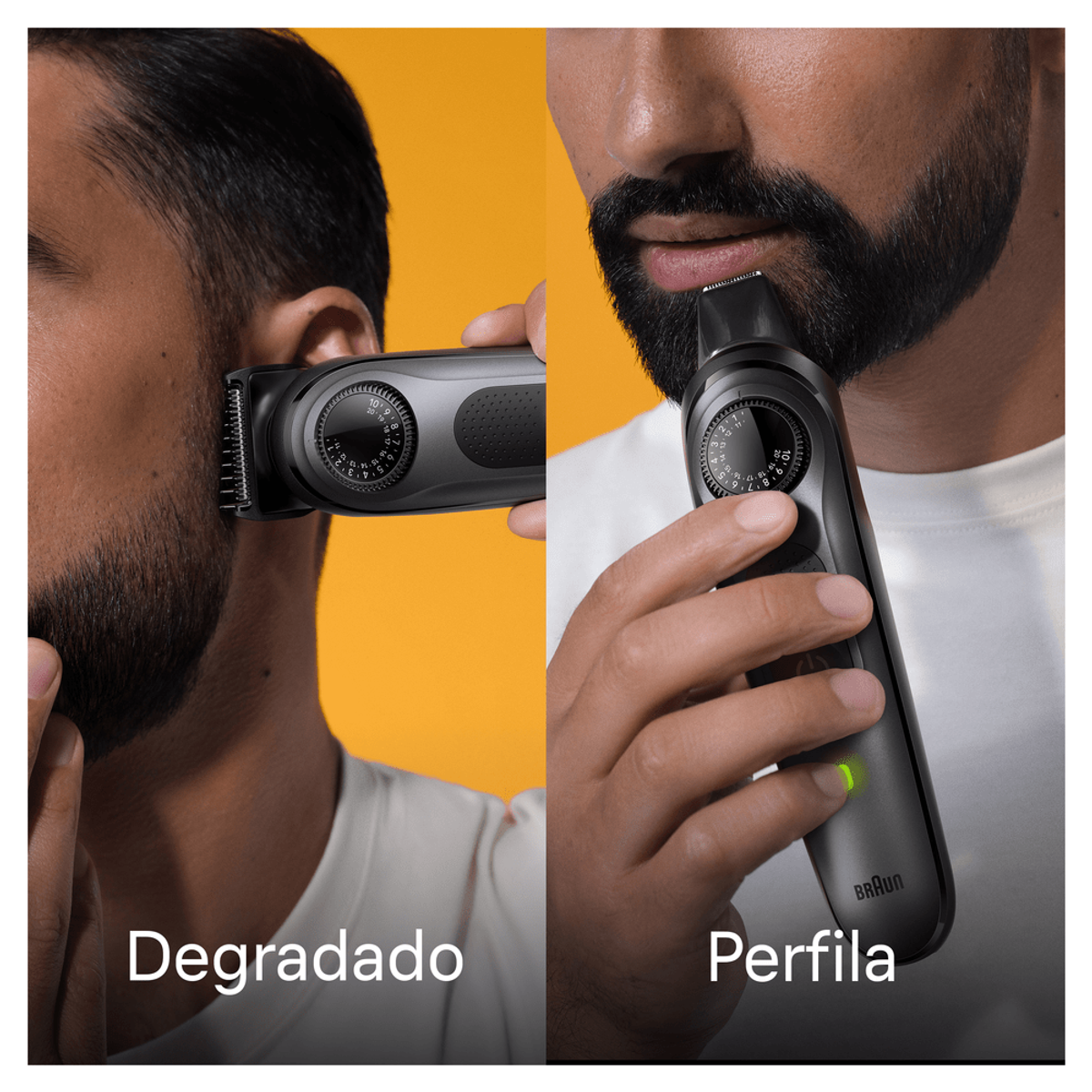 Dos hombres se afeitan la barba con una recortadora. Uno recorta un degradado y el otro un perfil.