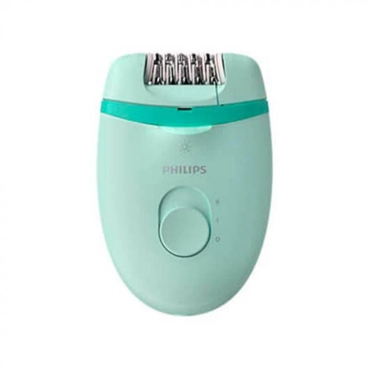 Una depiladora Philips verde claro. Tiene un cuerpo redondo, con un dial de control y cabezales de depilación.