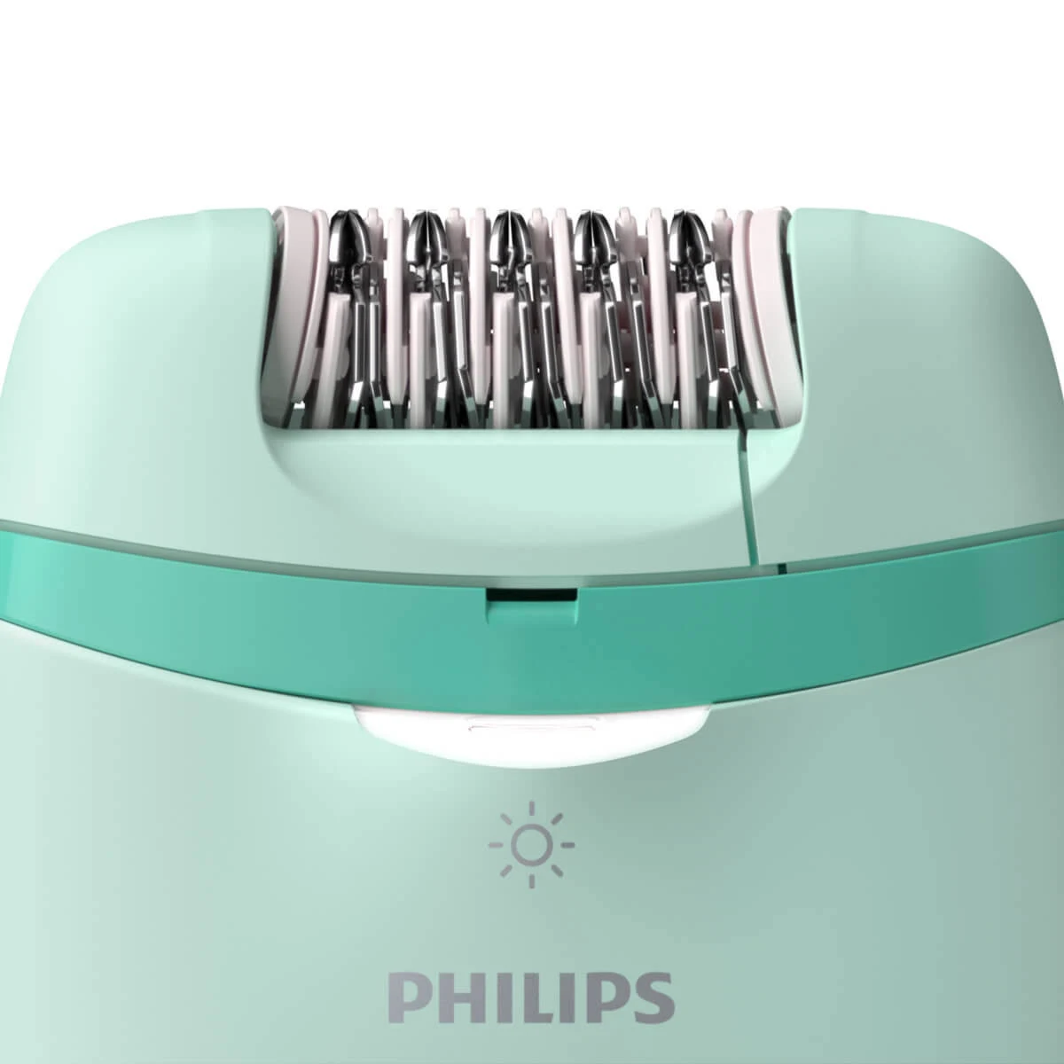 Primer plano de la depiladora verde menta con el logotipo de la marca Philips.