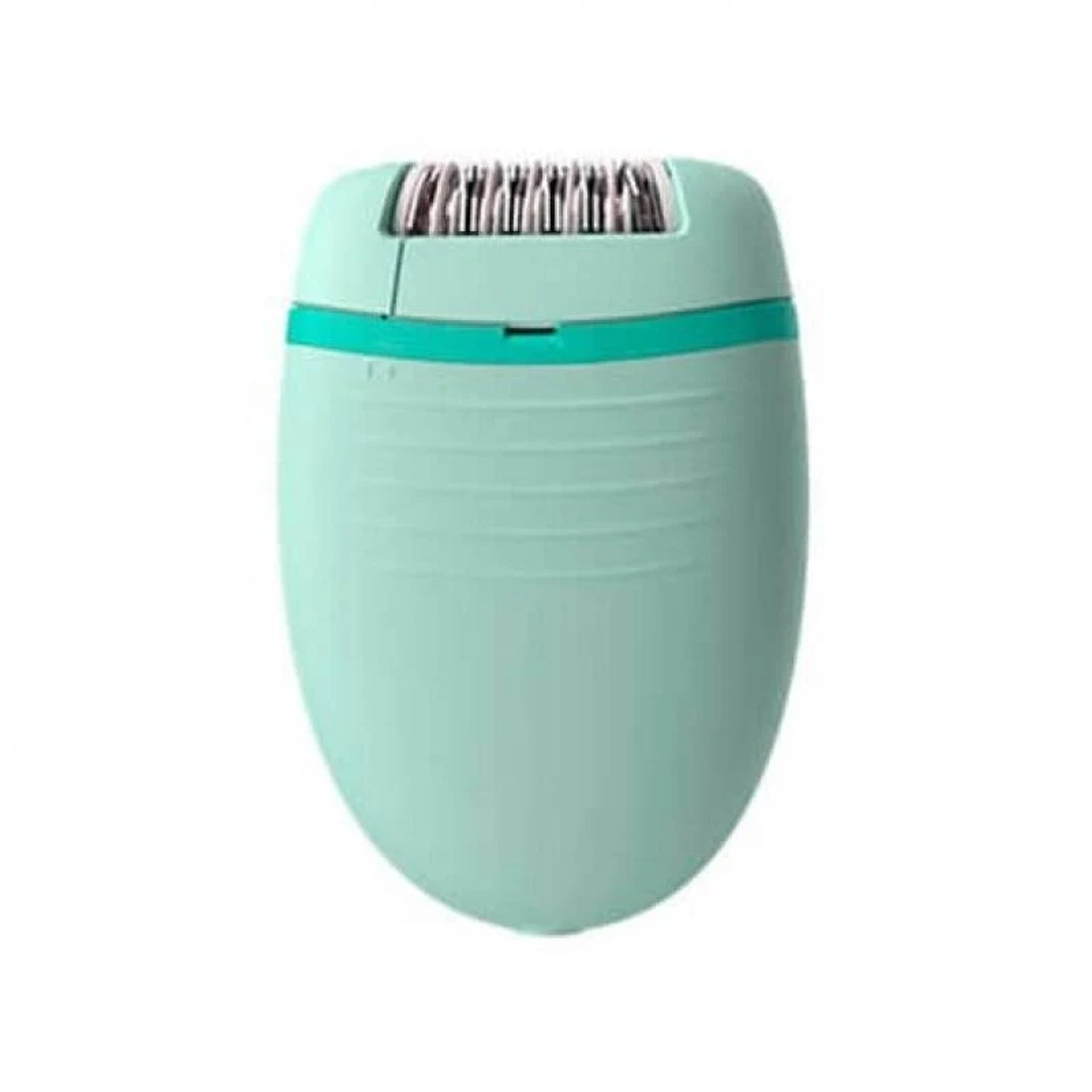 Una afeitadora eléctrica verde menta con cuerpo redondeado y cabezal plateado.
