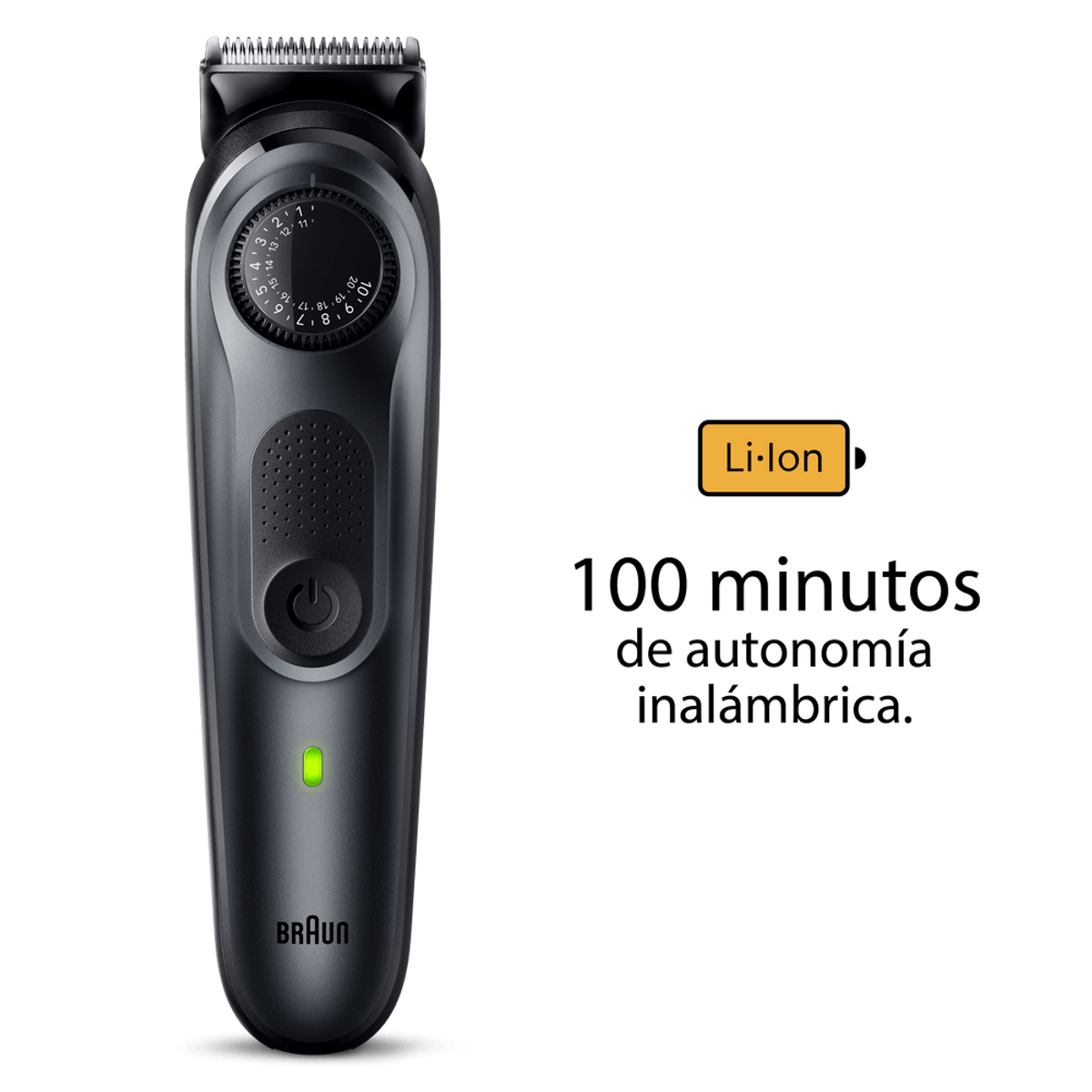Recortadora de barba Braun negra. Tiene un dial, botón de encendido y luz verde.