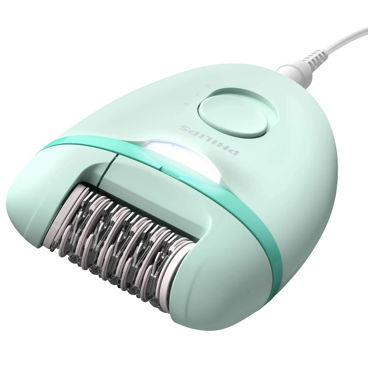 Primer plano de una depiladora Philips en verde menta. El cabezal tiene pinzas metálicas. Un cable está conectado.