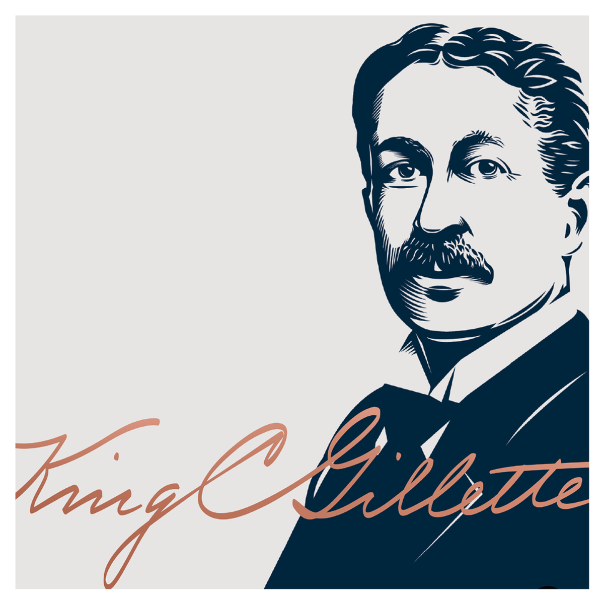 Ilustración de King C. Gillette con su nombre en escritura cursiva.
